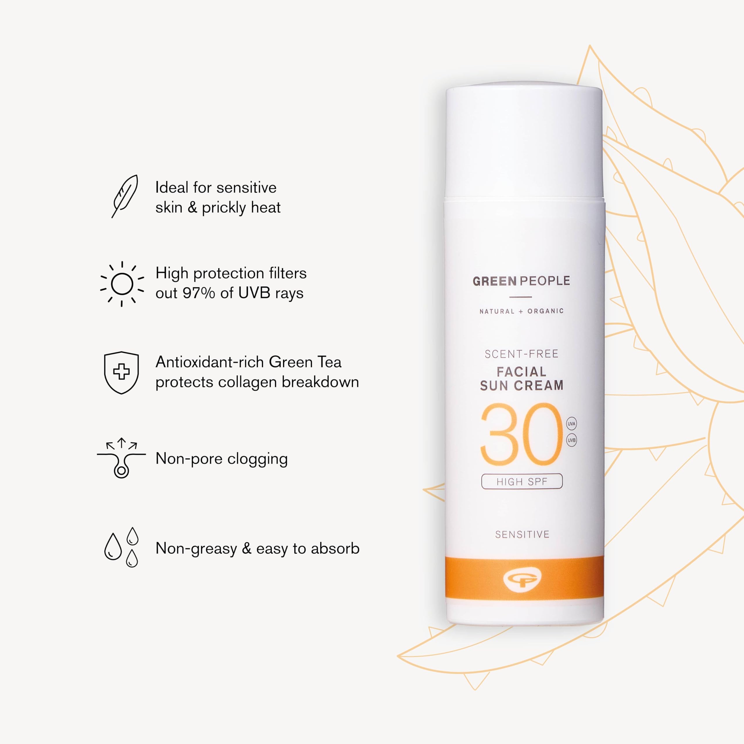 Green People Scent Free Facial Sun Cream SPF30 - Sunscreen For Sensitive Skin & Prickly Heat - Vegan & Cruelty Free, 50ml