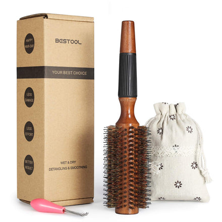 BESTOOL Round Brush for Blow Drying, Boar Bristle Round Hair Brush with Wooden Barrel, Large Styling Brush for Women & Men, Straightening, Curling, Adding Shine or Volume (2.5 Inch)