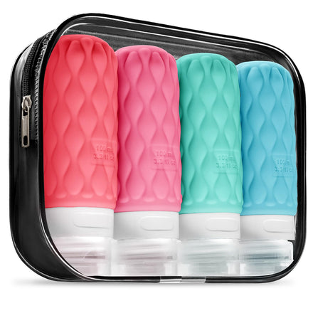 100 ml Silicone Travel Bottles for Toiletries with Labels/Clear Bag, Holiday Travel Essentials Leakproof Refillable Squeeze Travel Size Containers Set for Shampoo and Conditioner