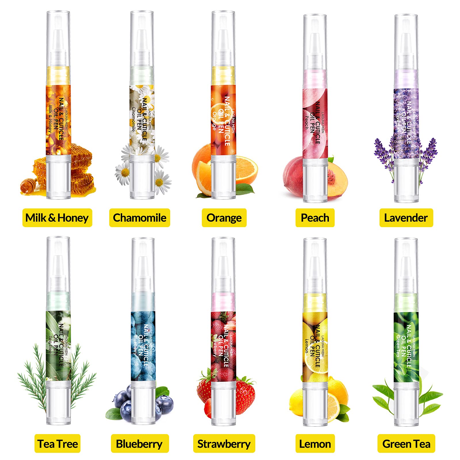 Lagunamoon 10 Pack Cuticle Oil Pens for Nail Care, 5ml Nail Oil Pens with Natural Ingredients to Moisturize and Nourish Dry Nails and Cuticles, Cuticle Oil to Prevent Nail Cracking and Hangnails