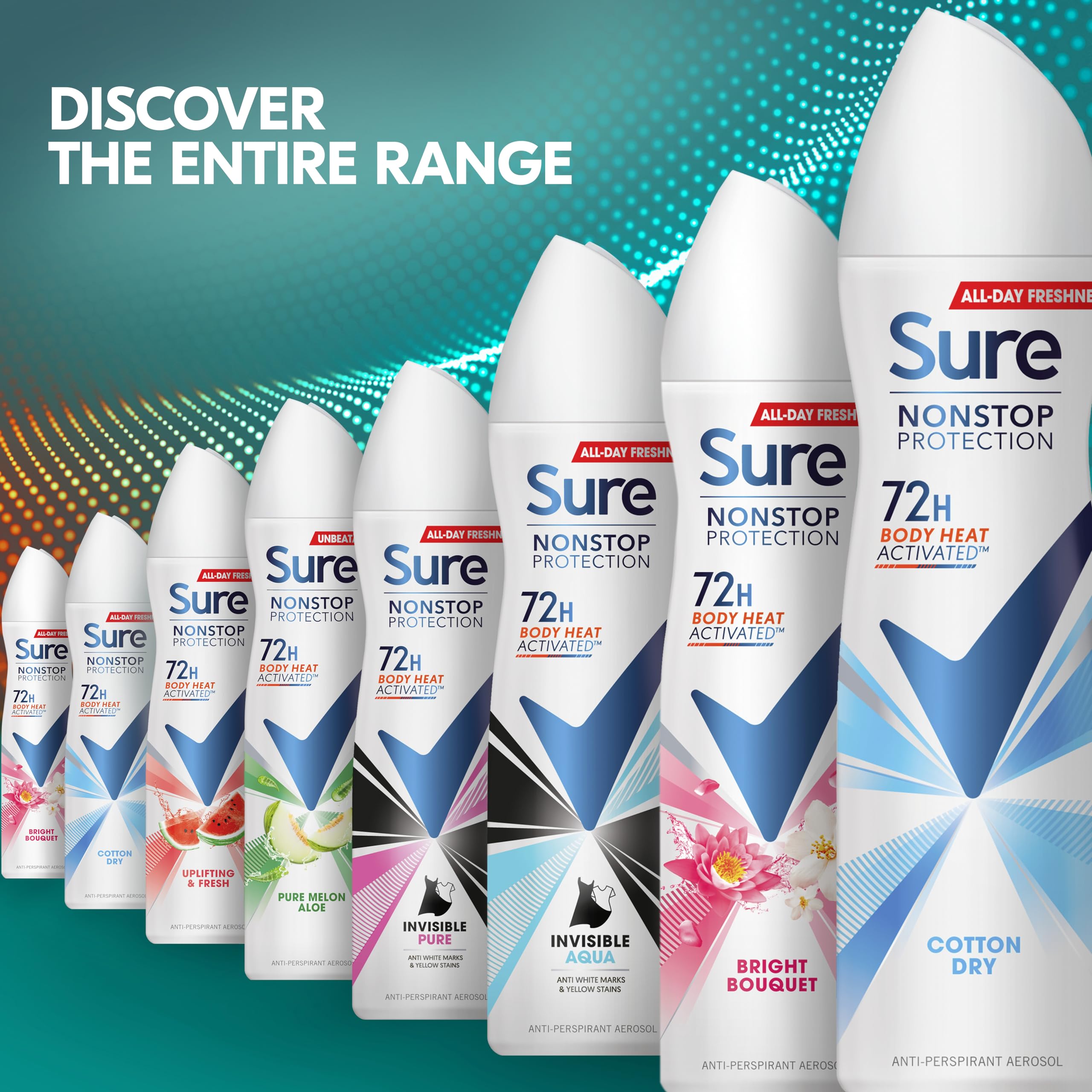 Sure Nonstop Protection Pure Melon Aloe Anti-Perspirant Aerosol Women's Deodorant Spray with Body Heat Activated technology and a melon & aloe scent for 72 hour odour and sweat protection 6x 250 ml