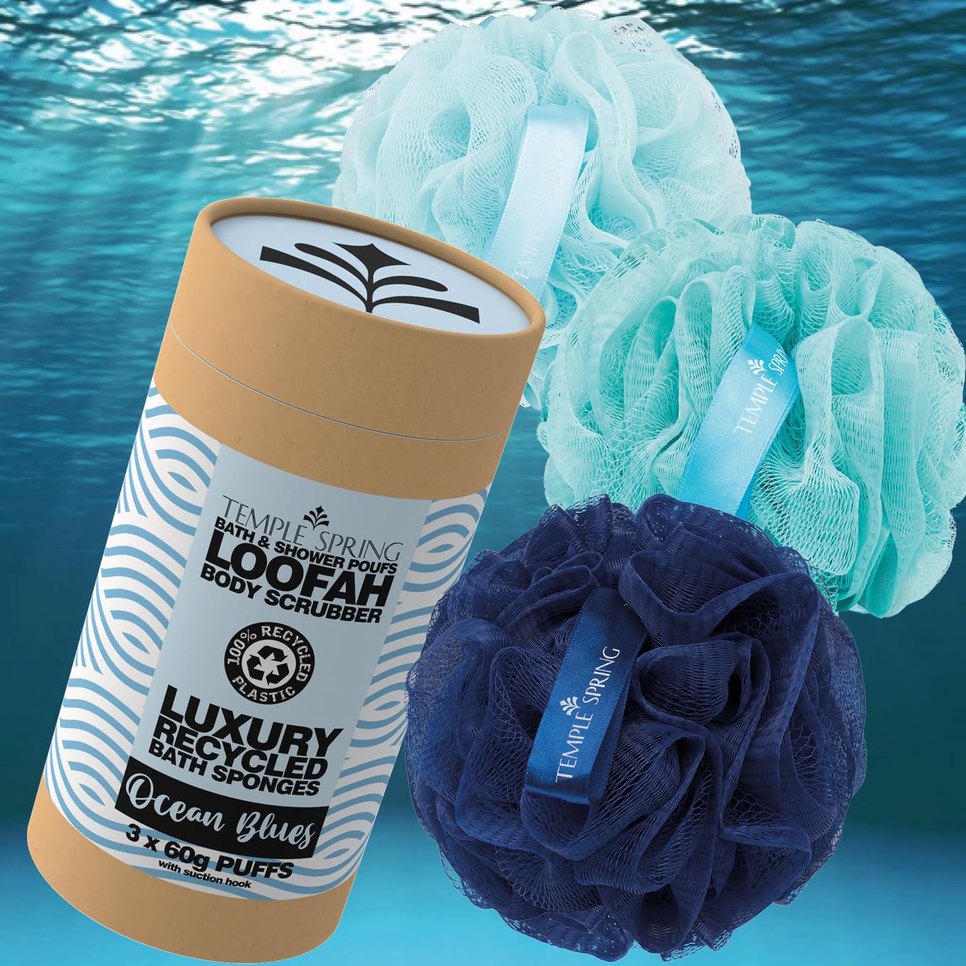 Temple Spring Loofah Shower Sponge, Recycled Body Scrubber Scrunchies, Exfoliating Bath Sponge, Shower Puff Bath Sponges for Adults, Loofah Back Scrubber Pouffe, Loofa Body Scrub Exfoliator Ocean Blue