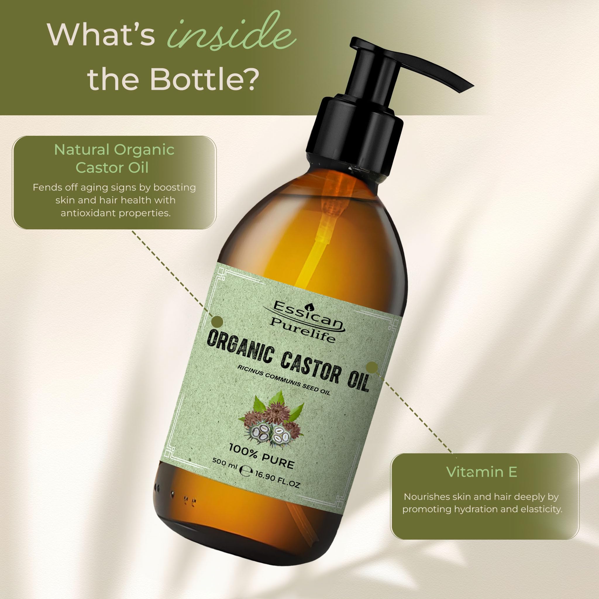 Organic Castor Oil 500ml Glass Bottle with Pumps for Hair Care
