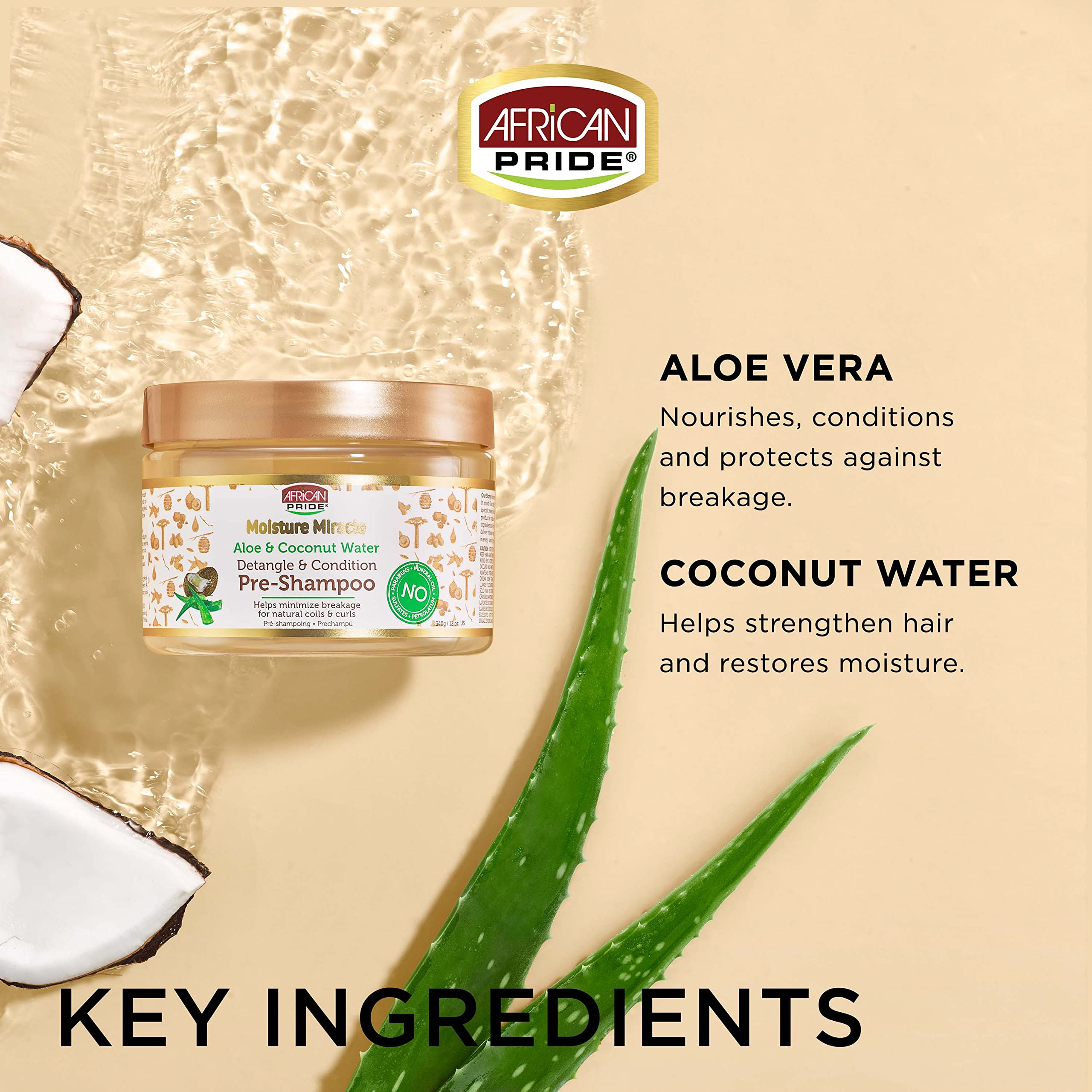 African Pride Moisture Miracle Aloe & Coconut Water Pre-Shampoo - Helps Minimize Hair Breakage for Natural Coils & Curls, Detangles & Conditions, 12 oz