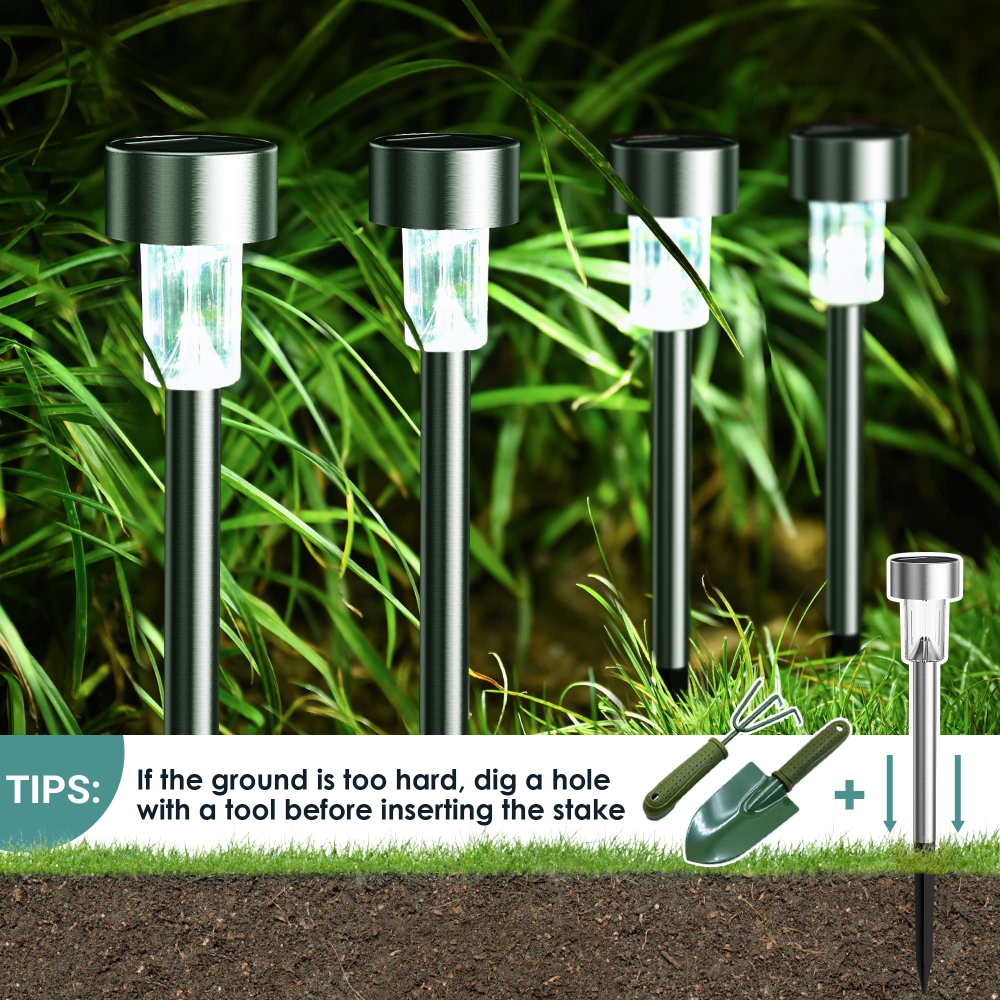 GIGALUMI Solar Lights Outdoor Waterproof,16 Pack Stainless Steel LED Solar Garden Lights for Patio, Lawn, Yard and Landscape(Cold White)