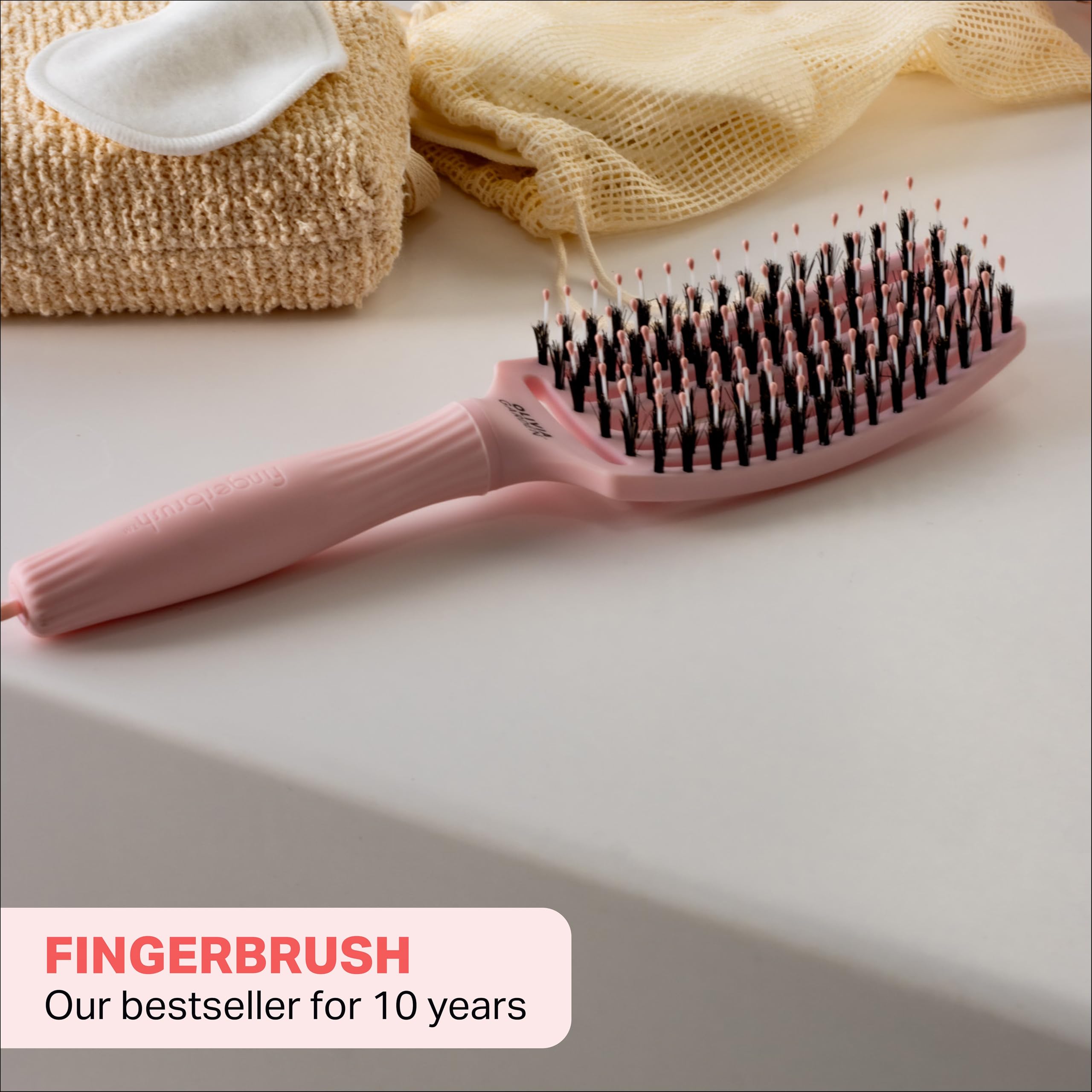 Olivia Garden Fingerbrush Care Iconic - Medium - Pastel Pink - Detangling Hairbrush with Boar & Nylon Bristles for Ultimate Shine & Smooth Styling