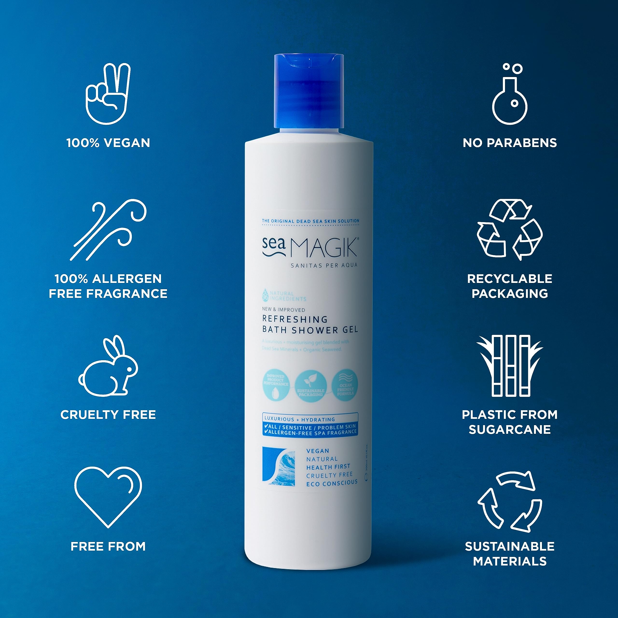 Sea Magik Refreshing Bath Shower Gel 10.14oz/ 300ml with Dead Sea Salt, Organic Seaweed and Plant extracts /100% Vegan/Sustainable Packaging