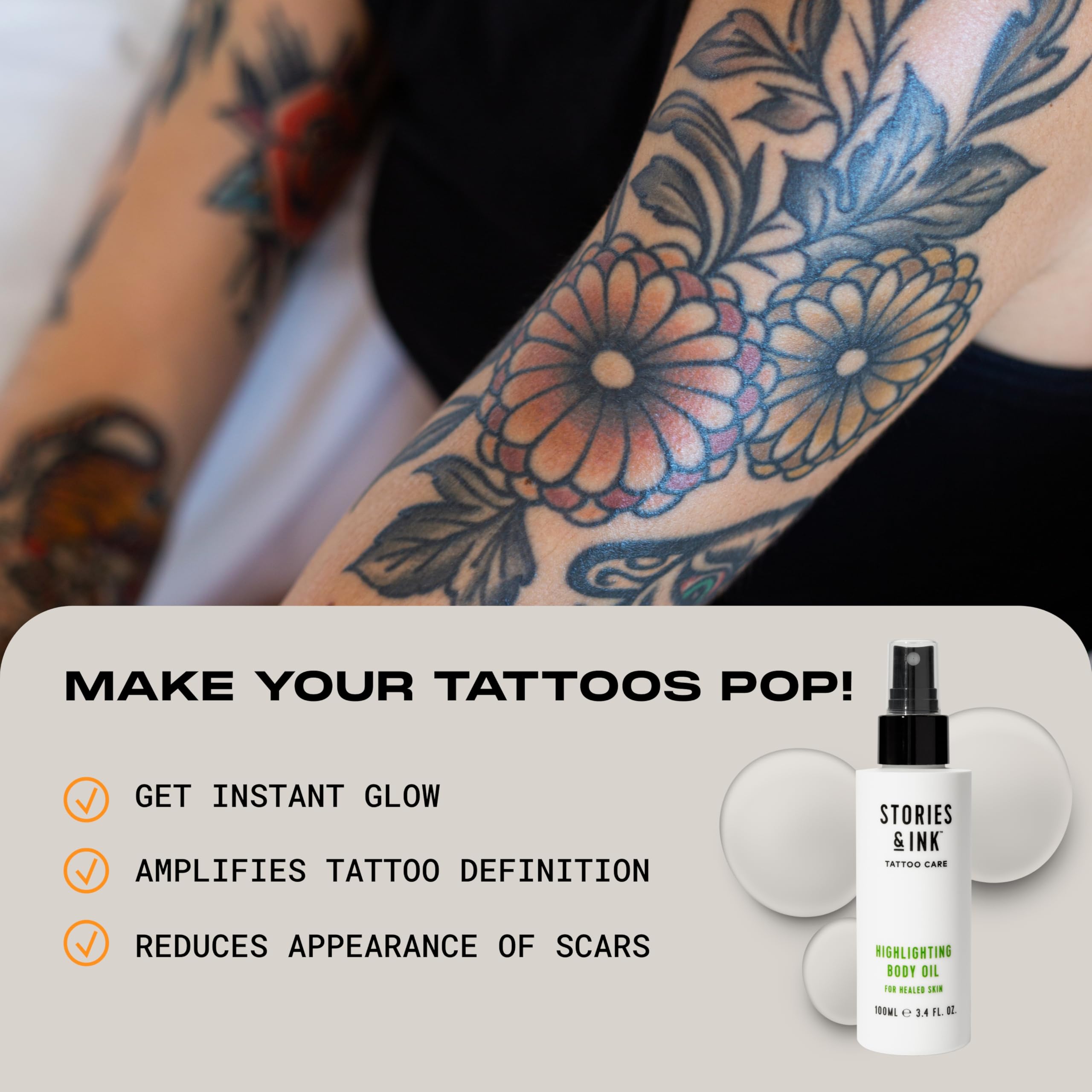Stories & Ink Tattoo Aftercare | HIGHLIGHTING BODY OIL - For Healed Tattoos, Refreshes Faded Tattoos for Instant Tattoo Glow, 100 mL / 3.4 Fl Oz