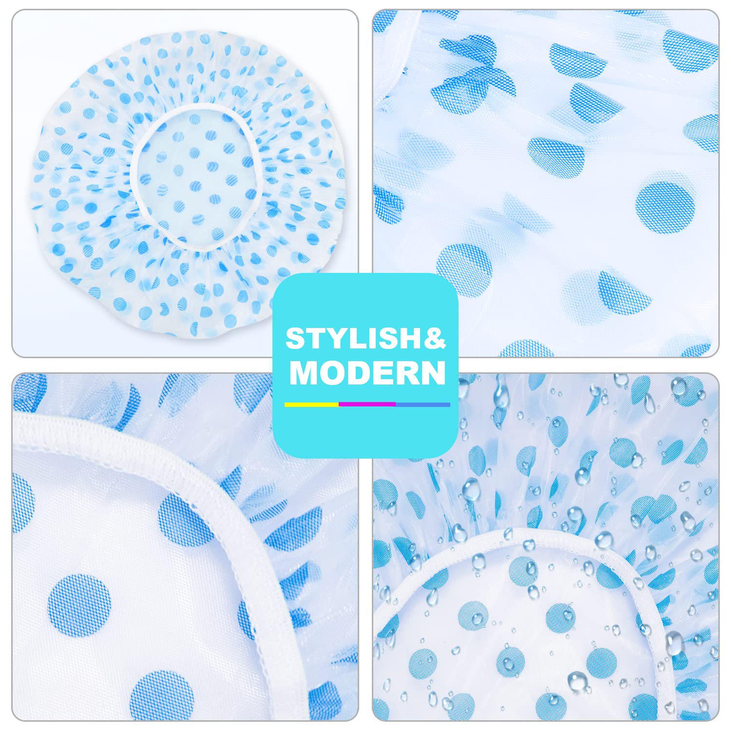6 Pcs OWill Shower Caps for Women uk,Waterproof and Reusable Bath Cap,28cm Width with Elastic Band, Large Plastic Long Hair Eco Cap.