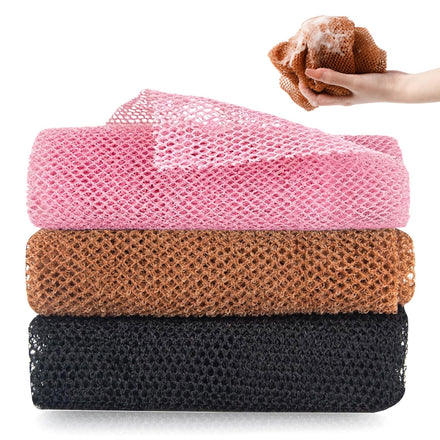 3PCS African Net Sponge Bath African Exfoliating Net Cleaning African Net Bathing Sponge Back Scrubbers Shower Body Cleaning Spa Massage Bath Towel Back Scrubber for Women Men Shower(Brown Pink Black)