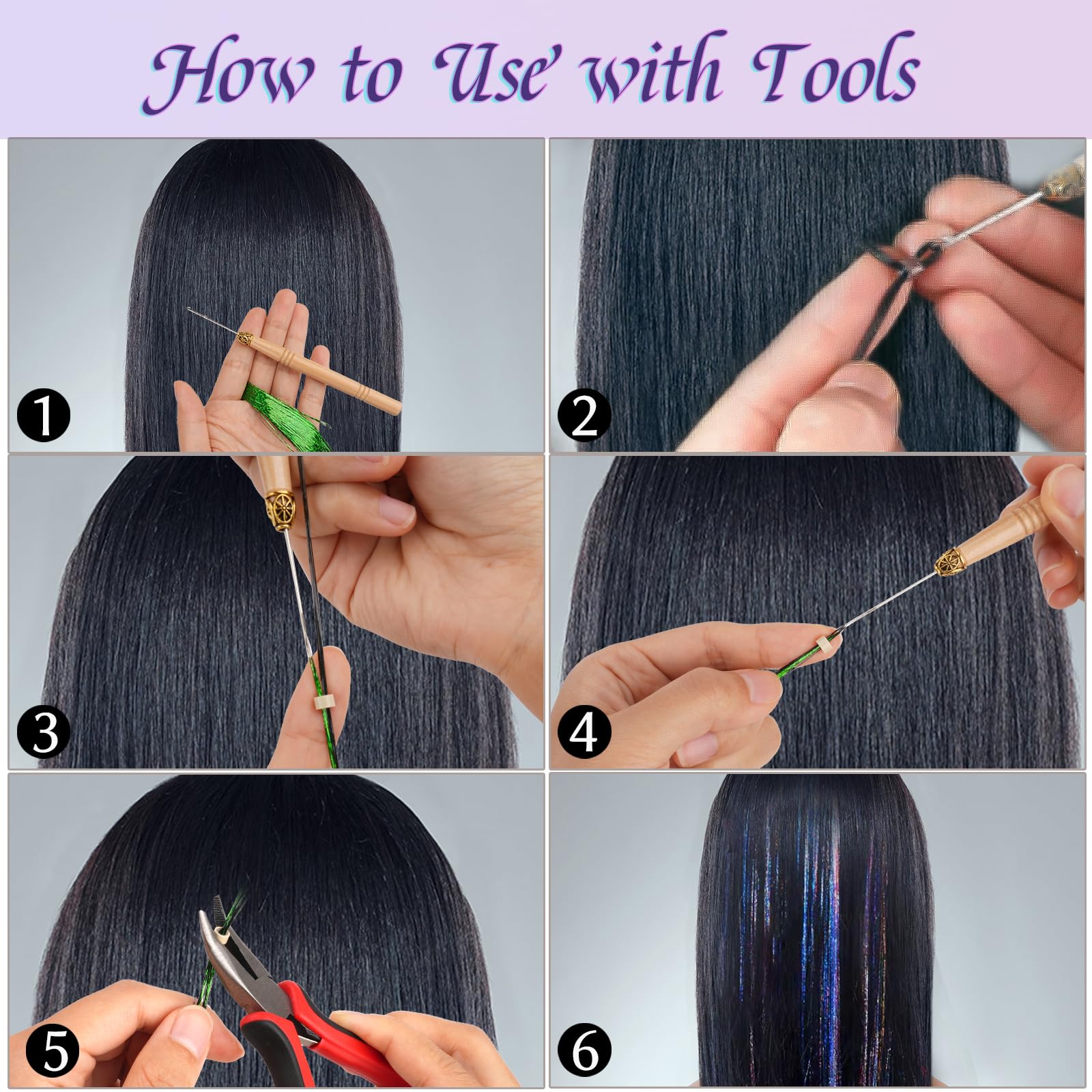 Glitter Hair Tinsel Kit with Tools - 3200 Sparkling Strands, 16 Colours, 47 Inch Length, Heat Resistant Fairy Hair Accessories for Women & Girls