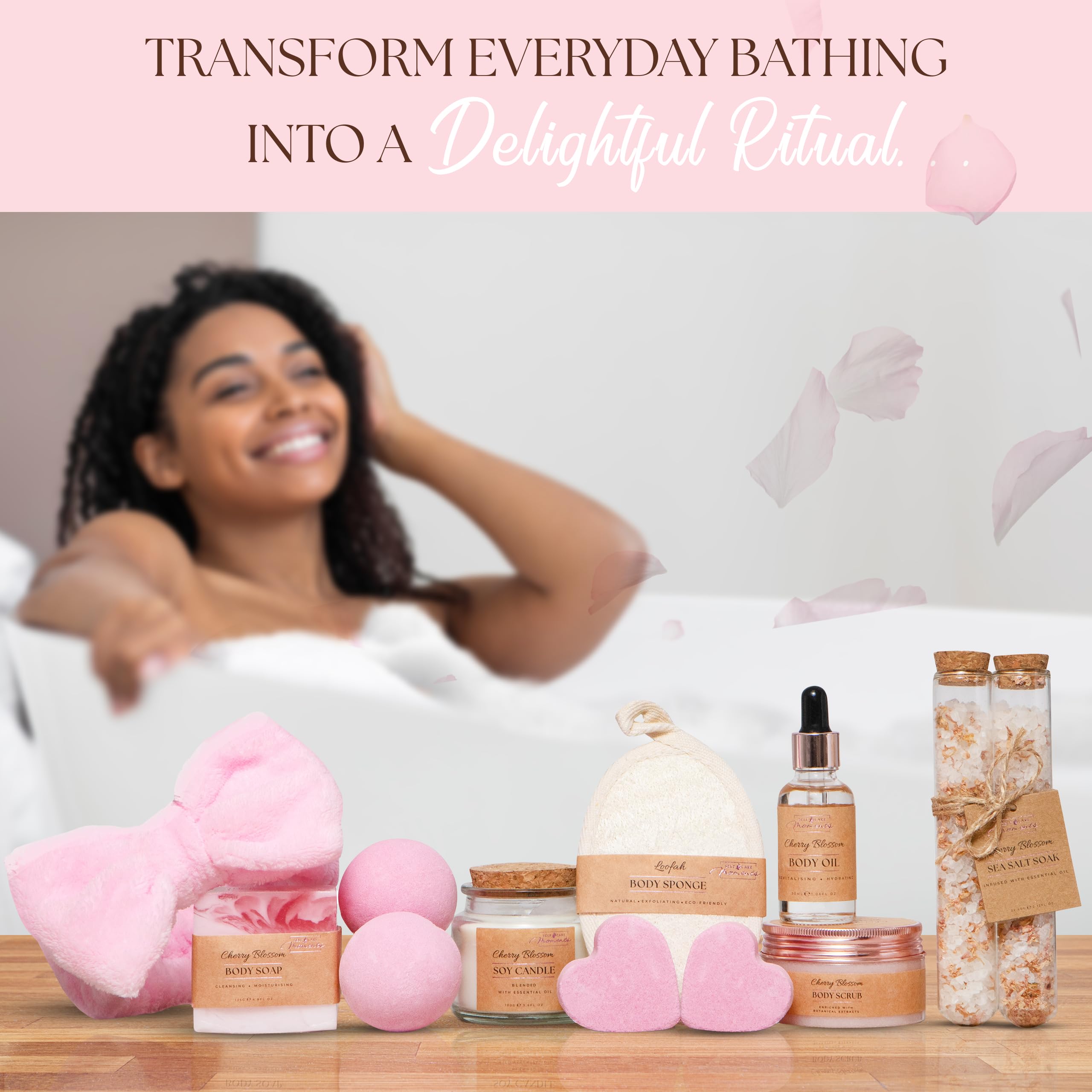 Self Care Moments Luxury Spa Pamper Hamper Kit for Her - 12 Pamper Gifts for Women with Cherry Blossom - Bath Spa Sets for Mum - Relaxation Birthday Gifts for Women - Self Care Mothers Day Gifts