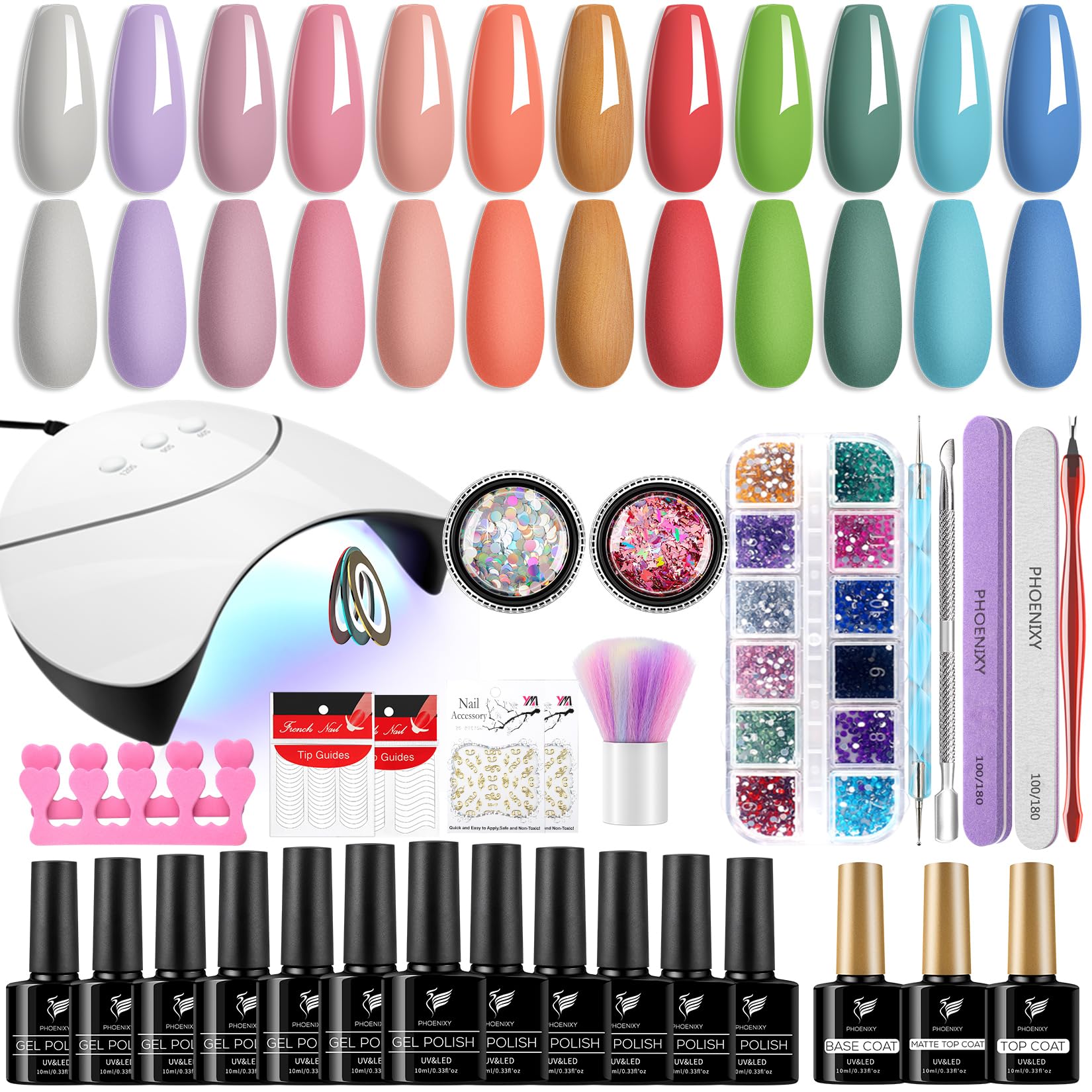 PHOENIXY Gel Nail Polish Set, 12 Colors Gel Nail Polish Set with 36W Lamp Starter Kit, Pink Nude U V Gel Nail Polish Kit with Glossy Matte Top Coat Gel Nail Kit Gifts for Women