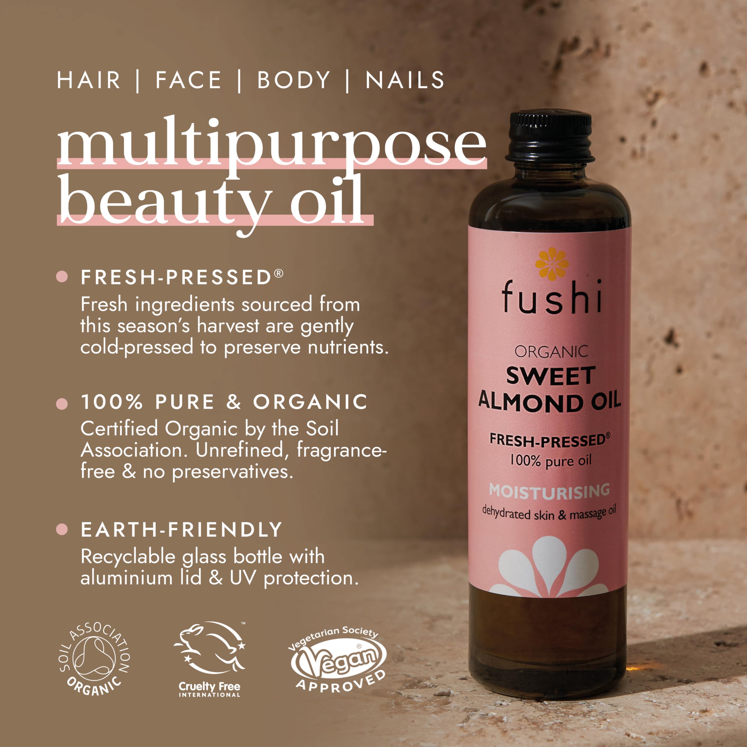 Fushi Sweet Golden Almond Organic Oil 100 ml | Fresh-Pressed | Best for Dull Skin, Dry Hands, Skin Cleansing, Sensitive Skin|Ethical & Vegan Society Approved|Manufactured in the UK