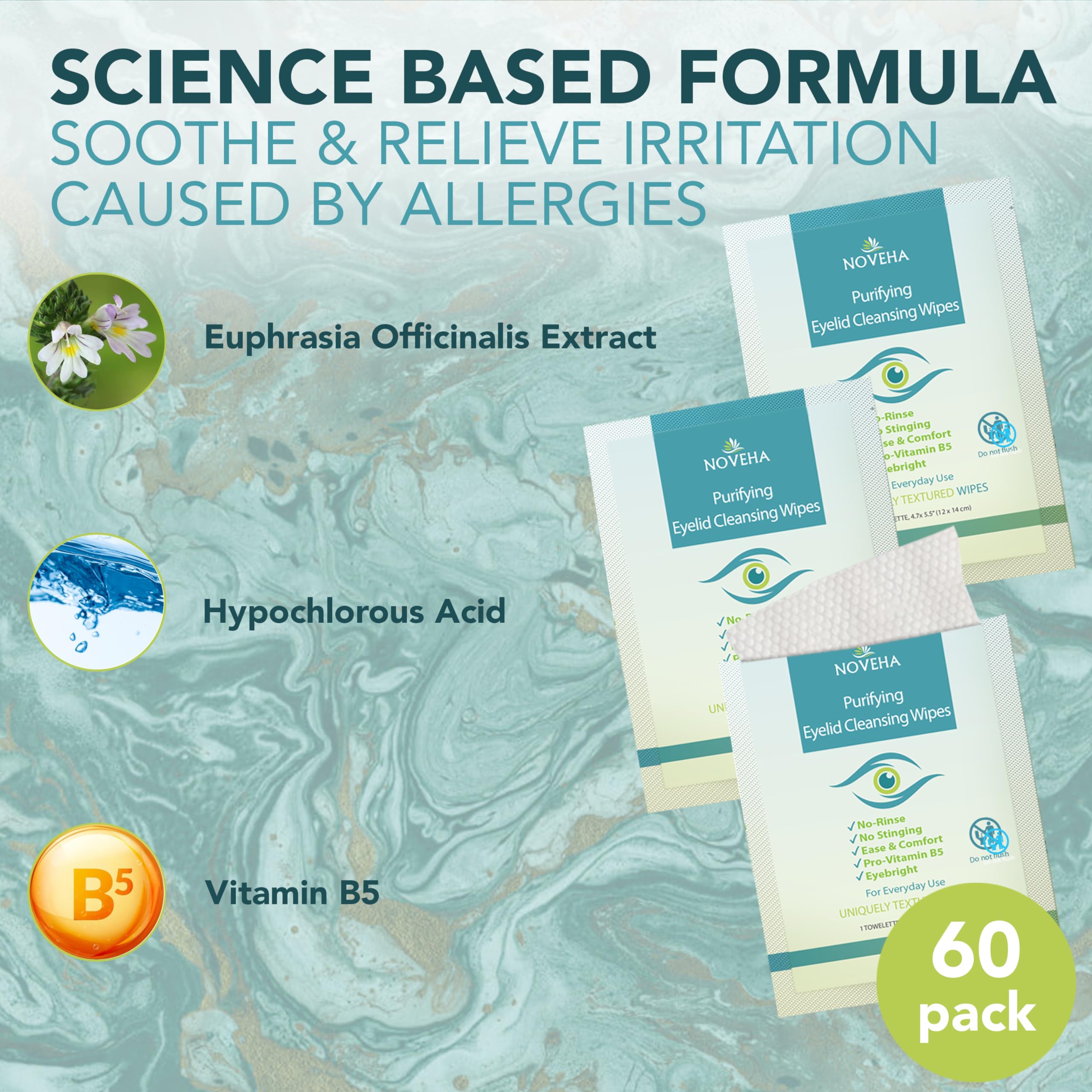 Antimicrobial Eyelid & Lash Wipes | For Itchy, Dry Eyes, Styes & Blepharitis, Gentle & Natural 0.02% Pure Hypochlorous Acid Cleansing Wipes, Hypoallergenic & Soothing For Sensitive Eyes, Pack of 60