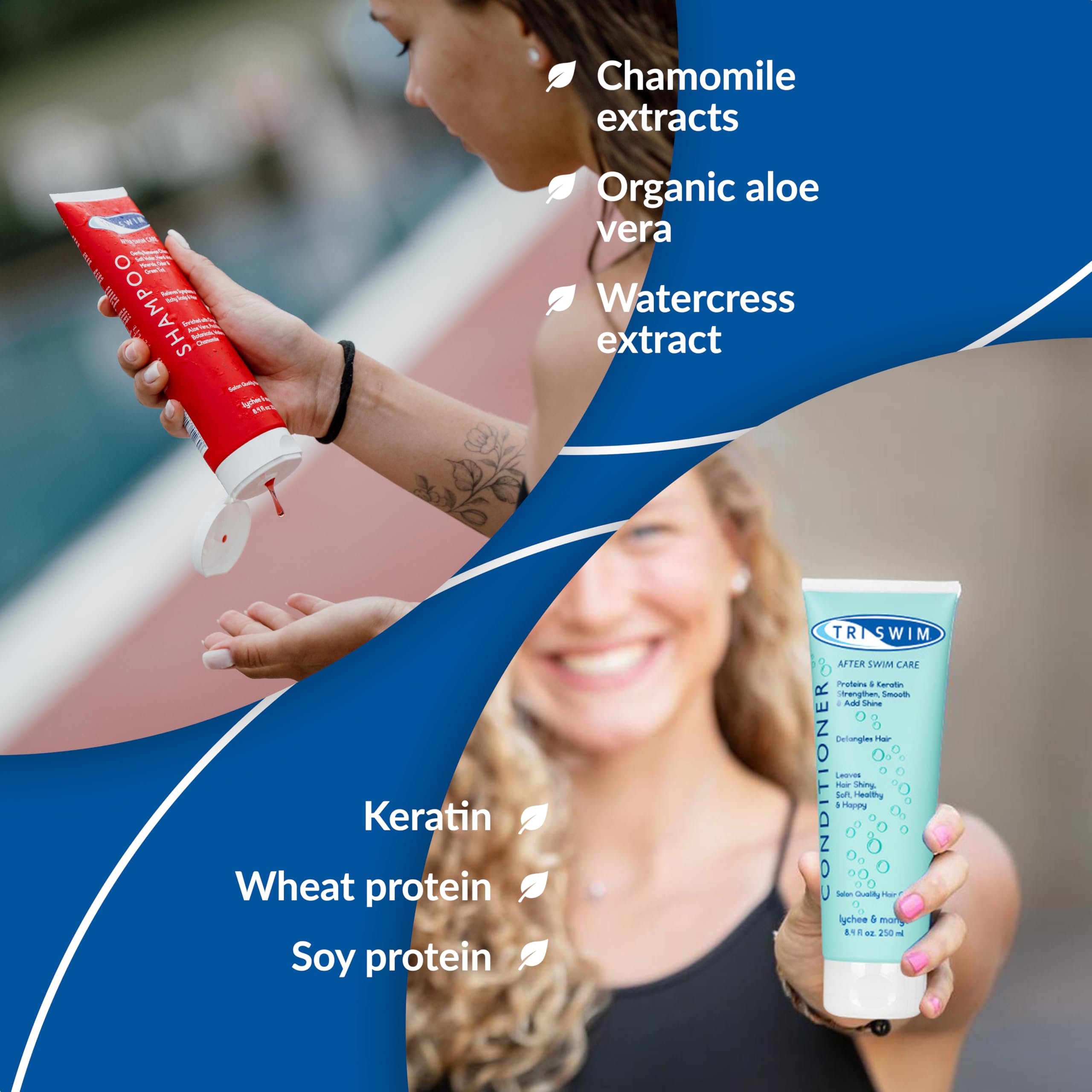TRISWIM - Chlorine Removal Hair Care Bundle, After Swim Care Shampoo and Moisturizing Conditioner, Anti-Chlorine Hair Protection For Swimmers, Removes Green Tint, Vegan & Cruelty Free (250+250 ml)