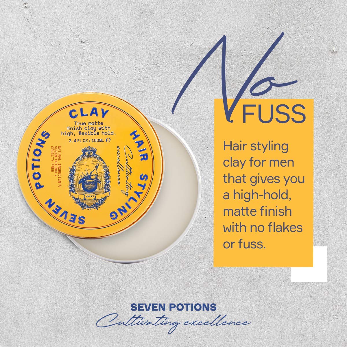 Seven Potions Men's Hair Styling Clay — Natural, Water-Based, Matte Hair Wax, High Hold Hair Styling Product — 100% Vegan, Cruelty Free (100ml)