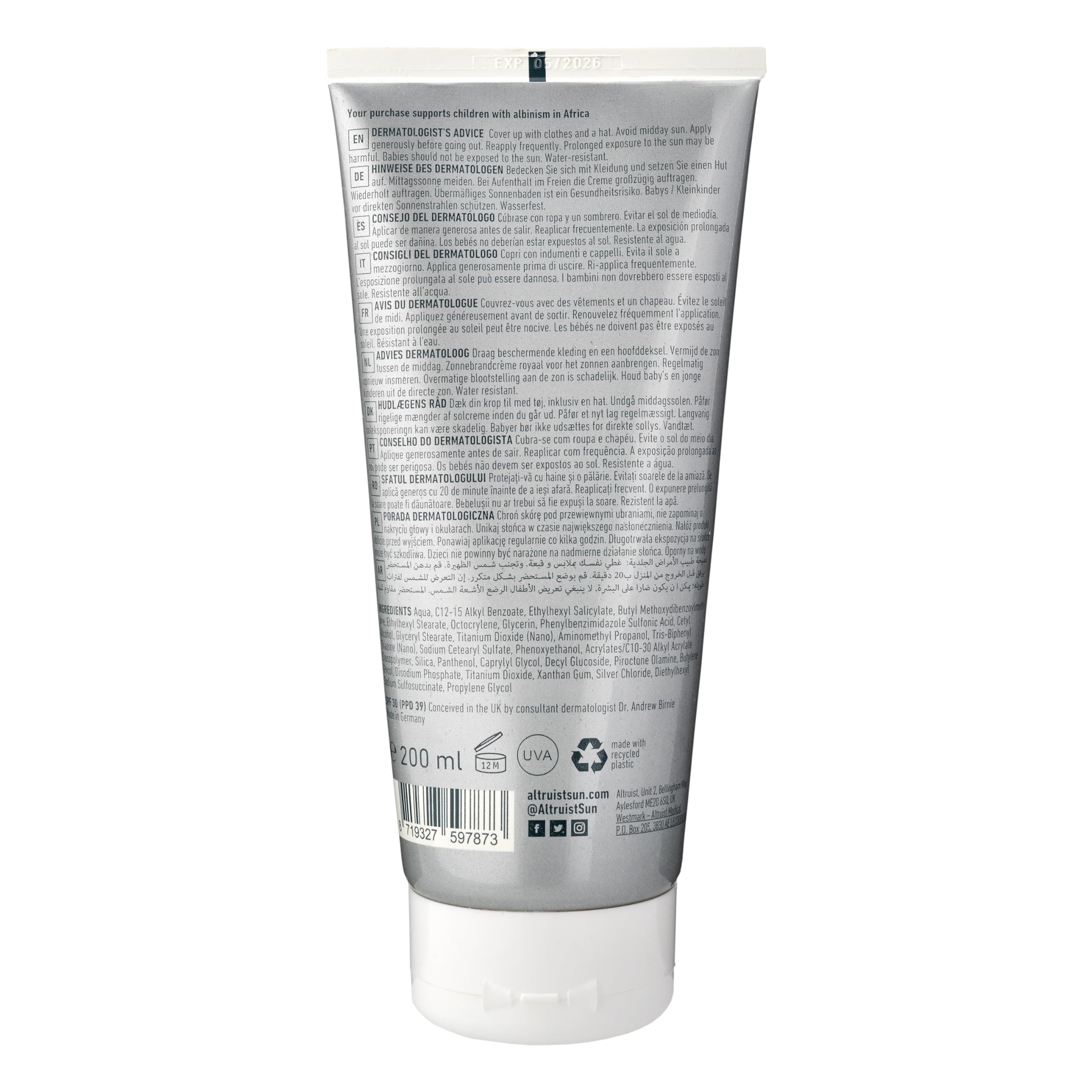 Altruist. Dermatologist Sunscreen. Broad Spectrum SPF 30 & high UVA Protection 200 ml - Pack of 2