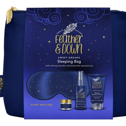 Feather & Down Sleeping Bag Gift Set: Luxury Eye Mask, Sleep Balm, Pillow Spray and Shower Cream, with Calming Lavender & Chamomile Essential Oils, Vegan & Cruelty Free