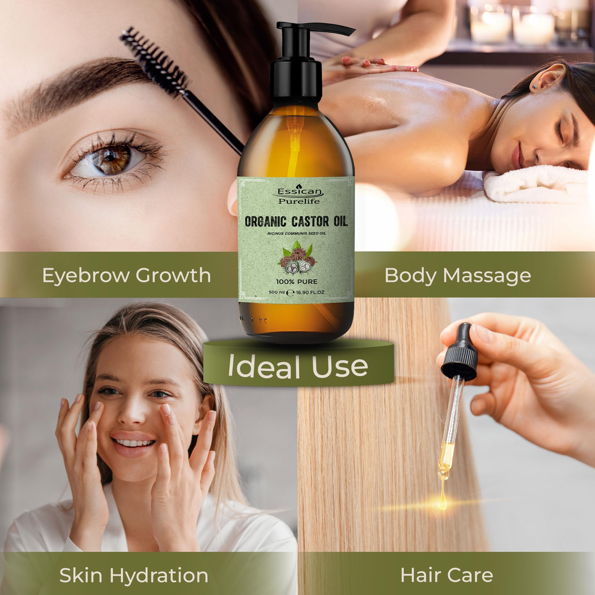 Organic Castor Oil 500ml Glass Bottle with Pumps for Hair Care