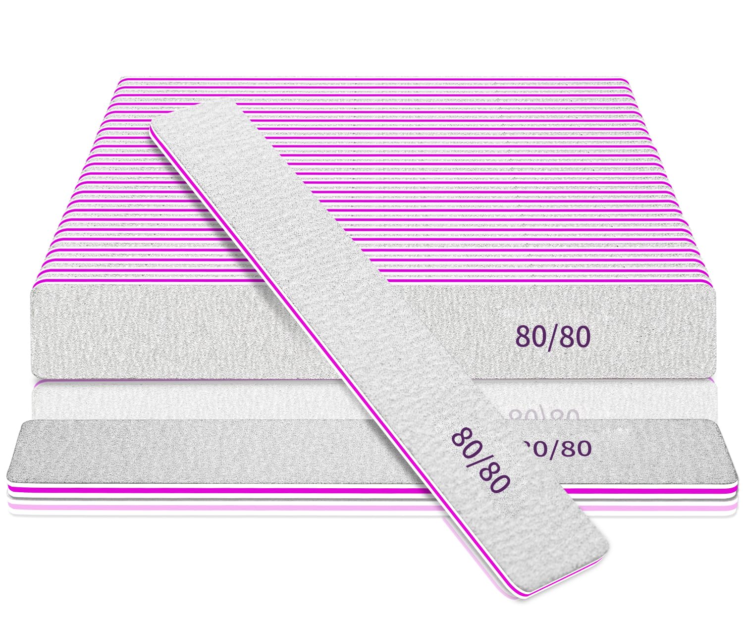 80/80 Grit Professional Nail Files - 25pcs Double Sided Coarse Square Jumbo Nail Files for Acrylic, Gel, Manicure & Pedicure - Premium for Home & Salon