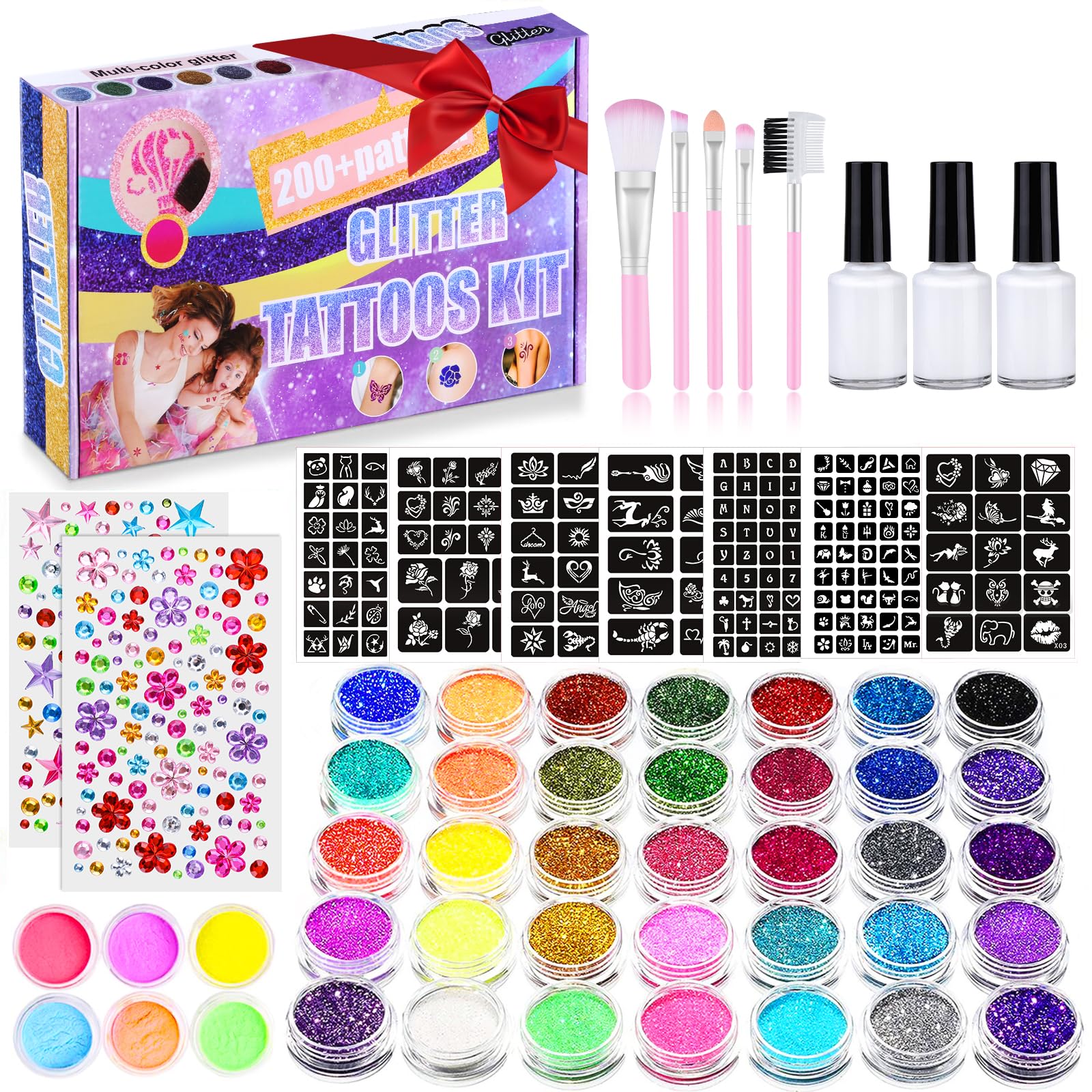 Glitter Tattoos for Kids, Girls Temporary Tattoo Kit, 41 Colours Glitter 215 Rhinestones 204 Stencils 3 Glue 5 Brushes Waterproof Tattoos, Festival Body Make Up for Girls & Adults, Birthday, Party