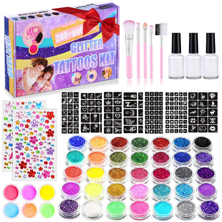 Glitter Tattoos for Kids, Girls Temporary Tattoo Kit, 41 Colours Glitter 215 Rhinestones 204 Stencils 3 Glue 5 Brushes Waterproof Tattoos, Festival Body Make Up for Girls & Adults, Birthday, Party