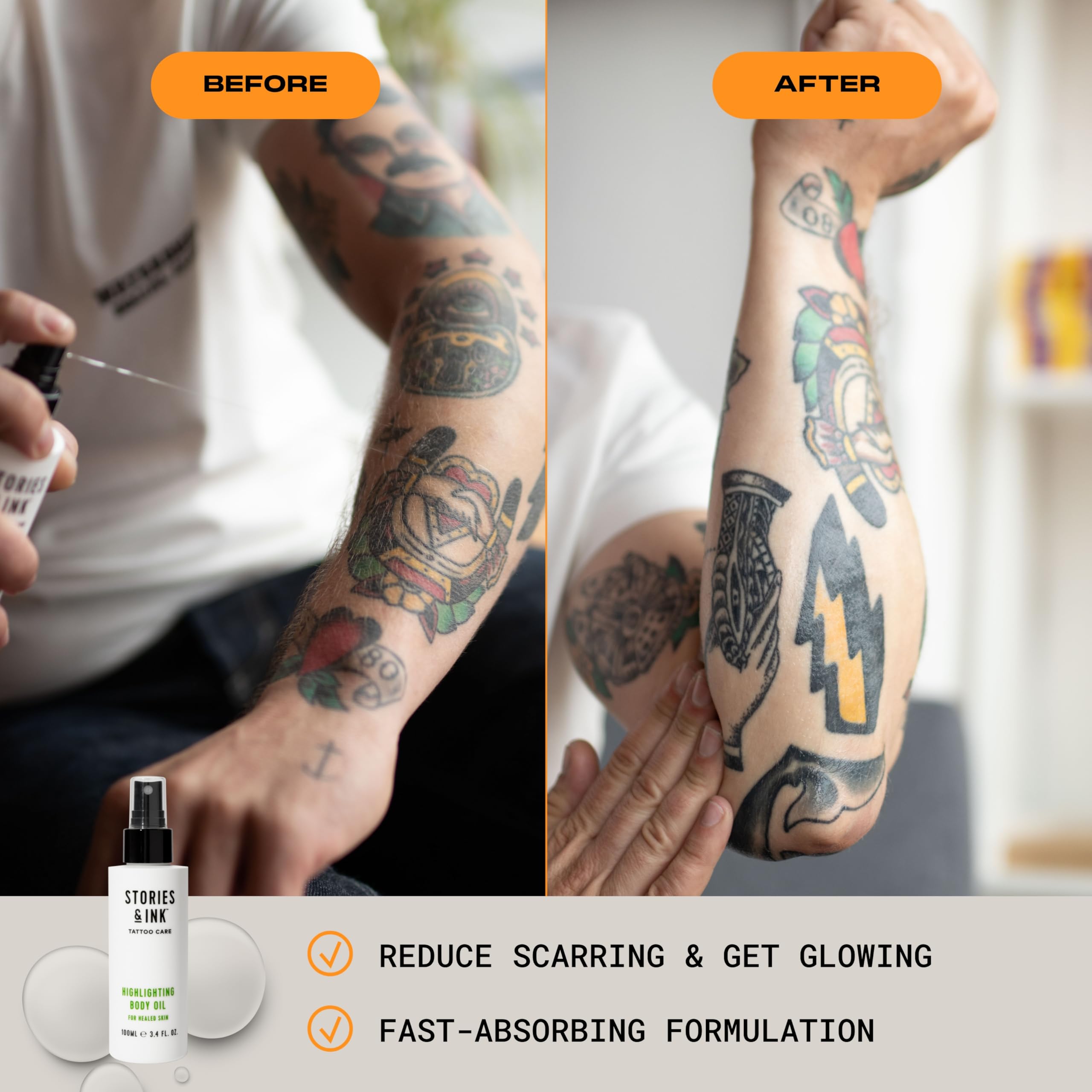 Stories & Ink Tattoo Aftercare | HIGHLIGHTING BODY OIL - For Healed Tattoos, Refreshes Faded Tattoos for Instant Tattoo Glow, 100 mL / 3.4 Fl Oz