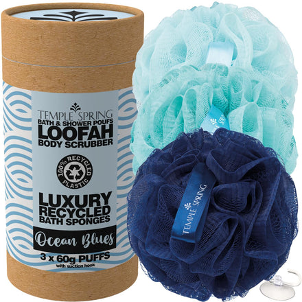 Temple Spring Loofah Shower Sponge, Recycled Body Scrubber Scrunchies, Exfoliating Bath Sponge, Shower Puff Bath Sponges for Adults, Loofah Back Scrubber Pouffe, Loofa Body Scrub Exfoliator Ocean Blue