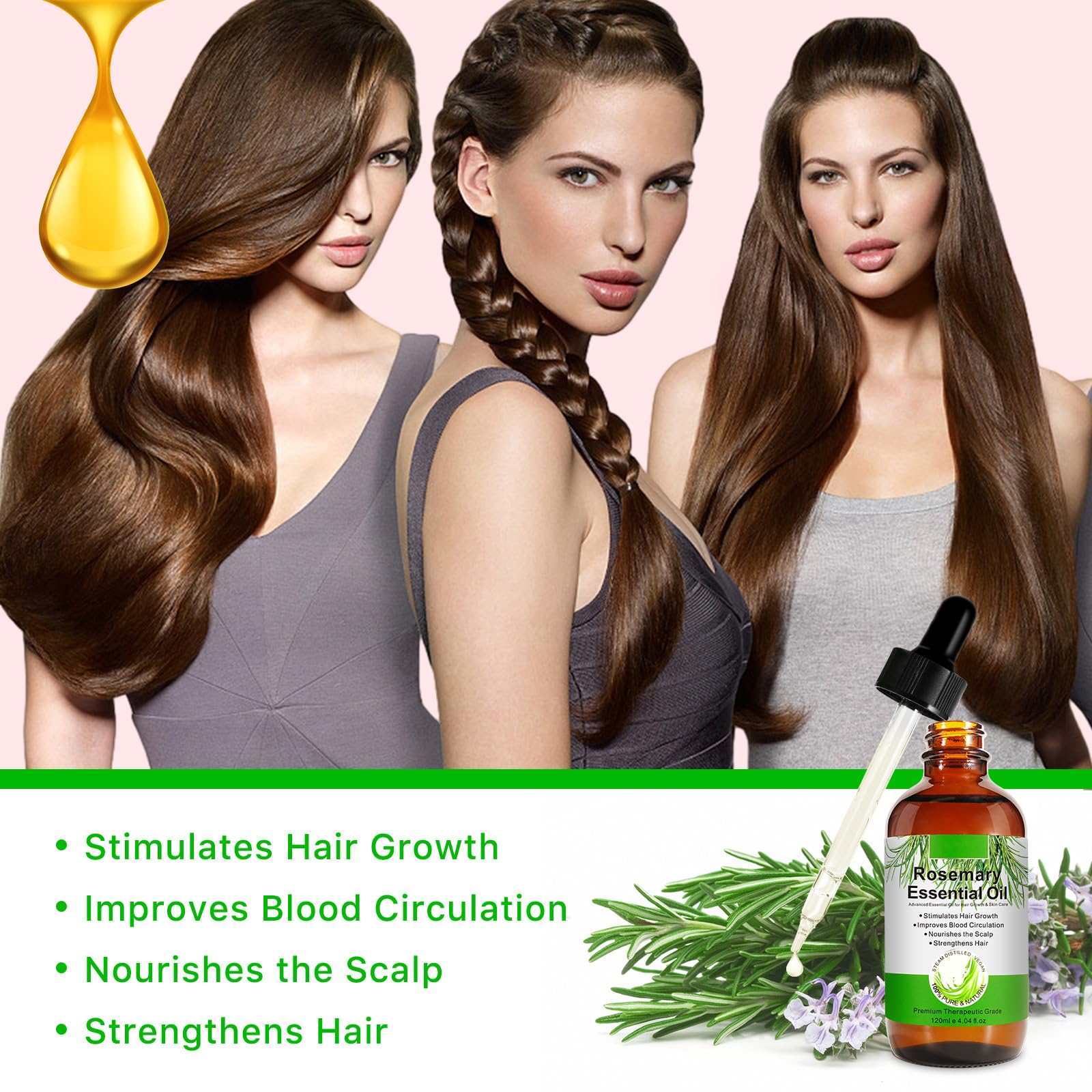 Organic Rosemary Oil for Hair Growth 120ml with Scalp Massager, 100% Pure Rosemary Essential Oil for Eyelashs, Eyebrows, Face, Skin Care, Body Massage, Nourishes The Scalp, Improve Blood Circulation