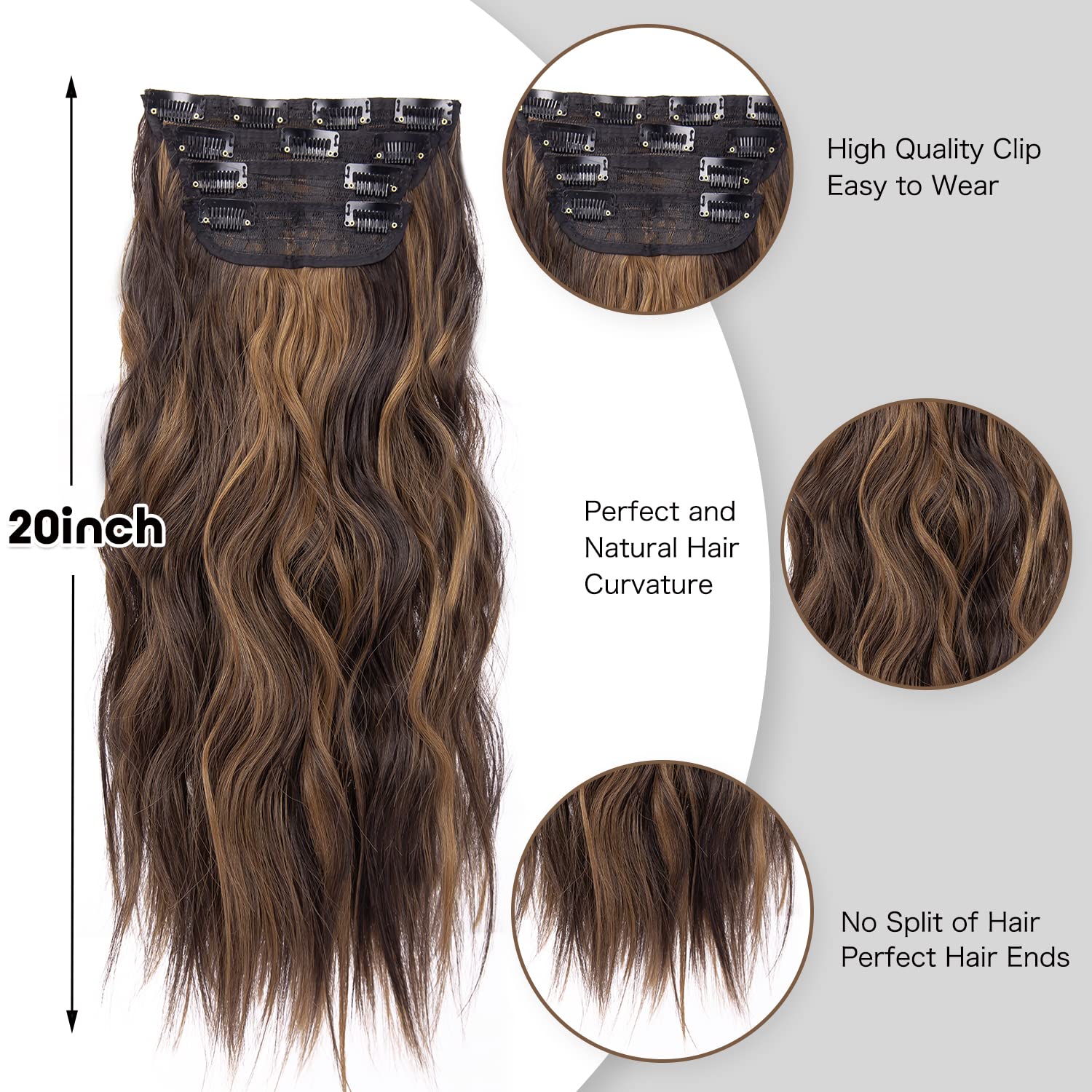Brown Hair Extensions Clip in, 20 Inches Long Synthetic Curly Clip in Hair Extension for Women and Girls (Dark Brown with Mix Light Brown Highlights, 4pcs)