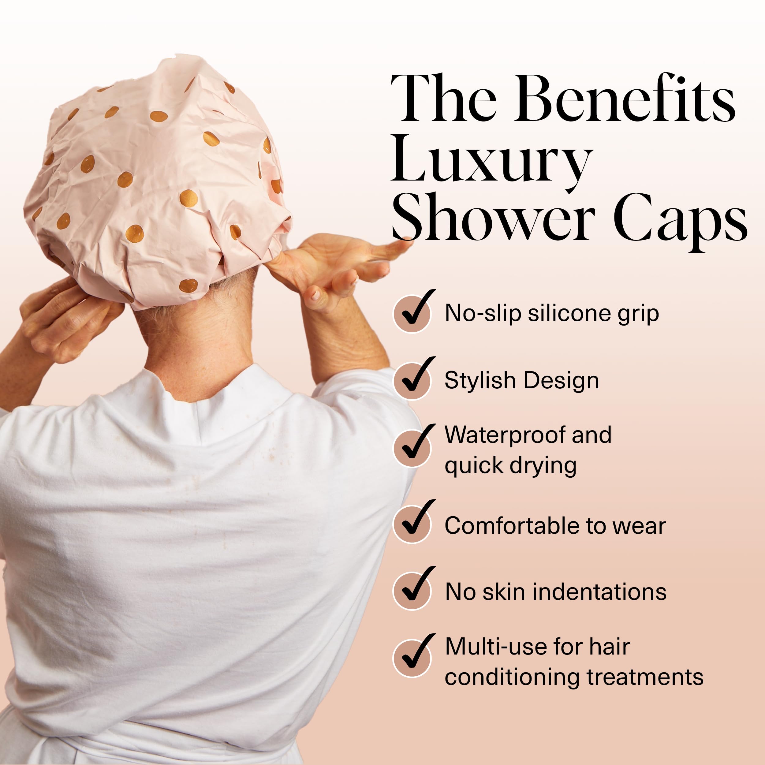 Kitsch Luxury Shower Cap for Women - Reusable Shower Cap for Long Hair with Non Slip Silicon Grip | Waterproof Hair Cap for Shower with One Size Fits Most | Stylish Hair Cover for Shower (Blush Dot)