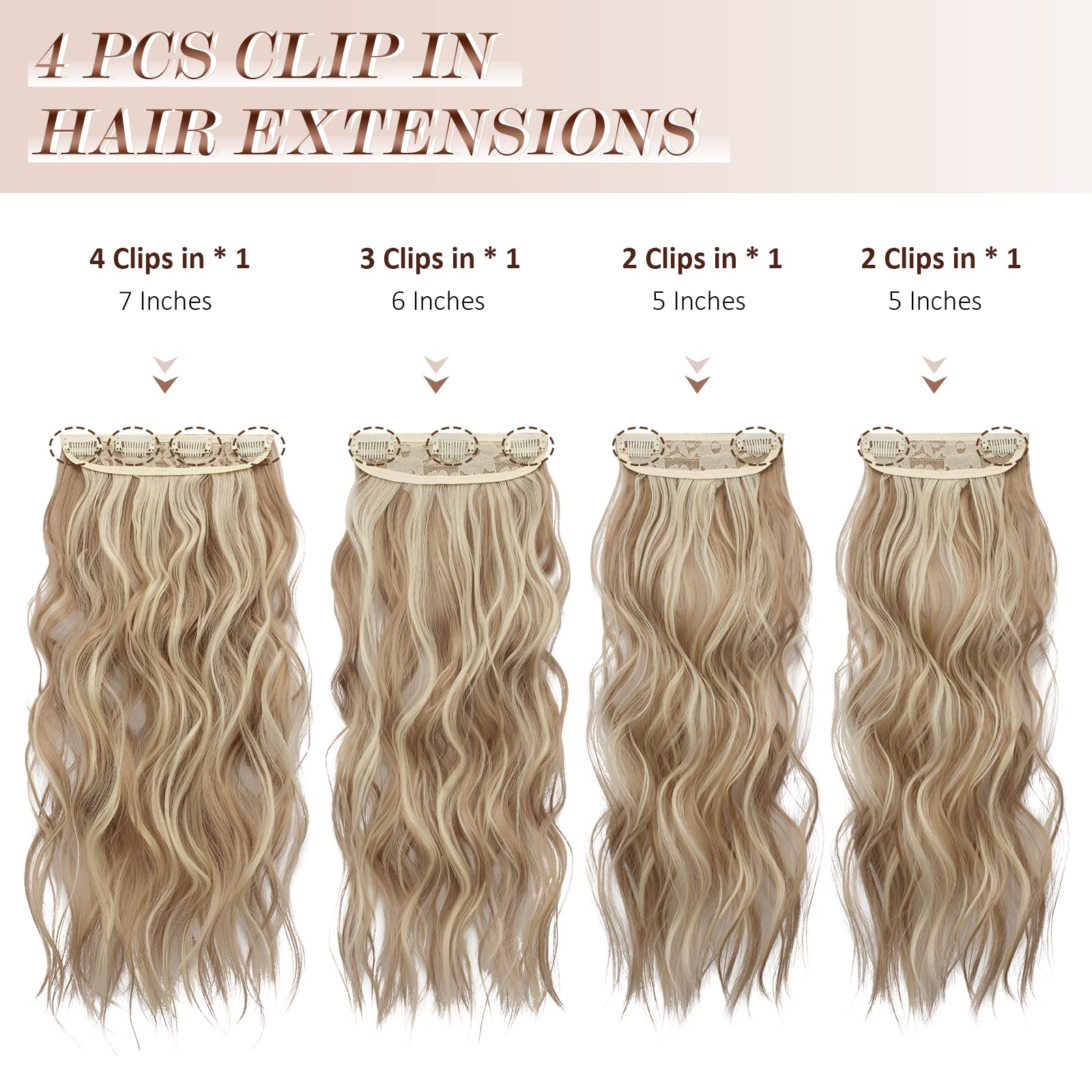 FESHFEN Clip in Hair Extensions 4PCS Dirty Blonde Thick Hair Piece Long Wavy Clip in Extensions Highlighted Full Head Synthetic Fiber Hairpieces for Women, 20 Inch 180g