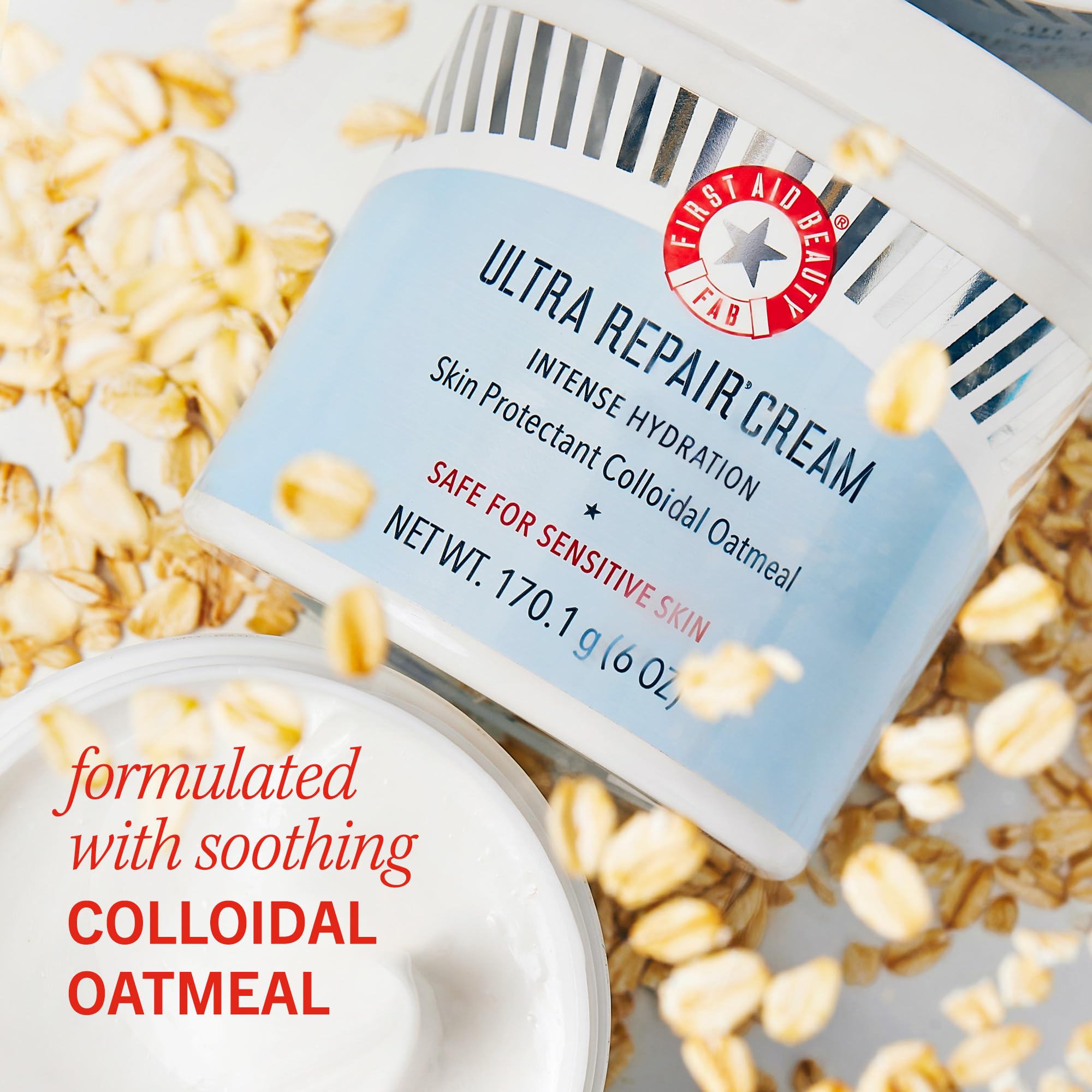 First Aid Beauty Ultra Repair Cream Intensive Hydration Daily Moisturiser for Face + Body – Strengthens Skin Barrier + Instantly Relieves Dry, Distressed Skin – 170.1 g + Bonus 28.3 g Travel Size