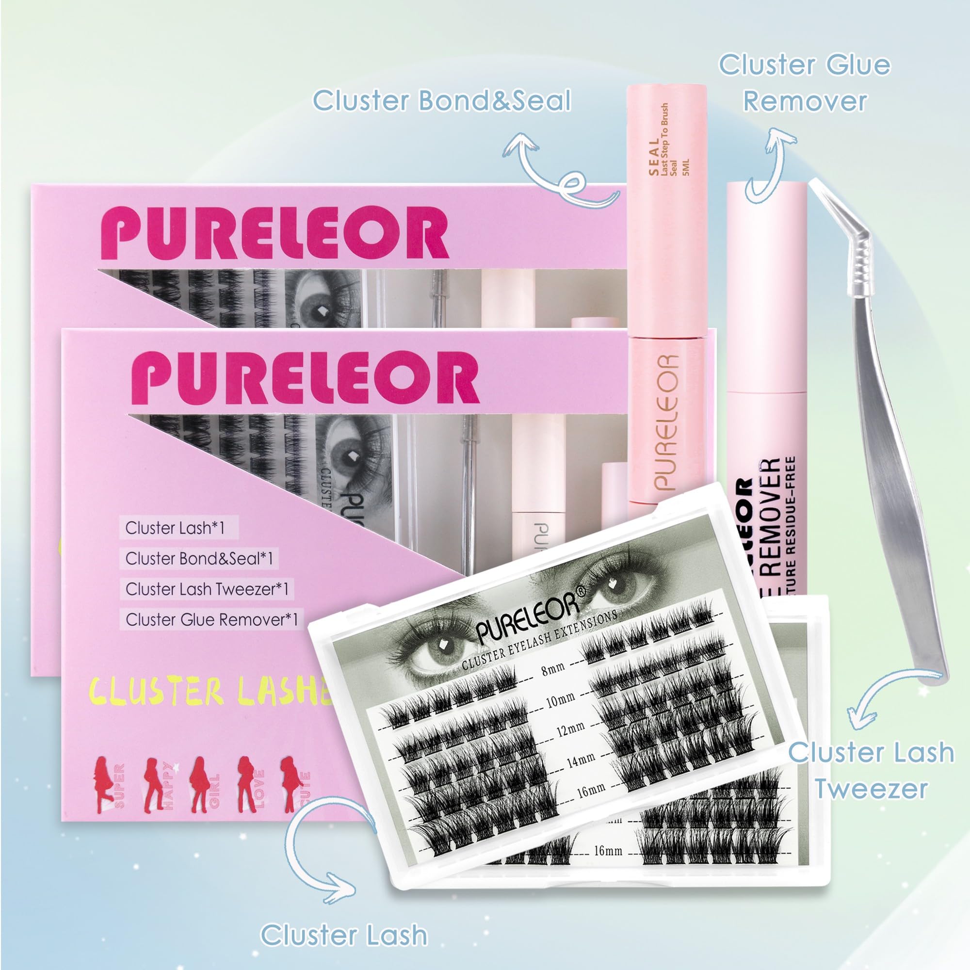 Cluster Lashes Extension Kit DIY Individual Eyeashes Extensions with Bond Seal Tweezers Remover 8-16mm Mixed Length Wispy 60Pcs Eyelash Natural Look DIY at Home