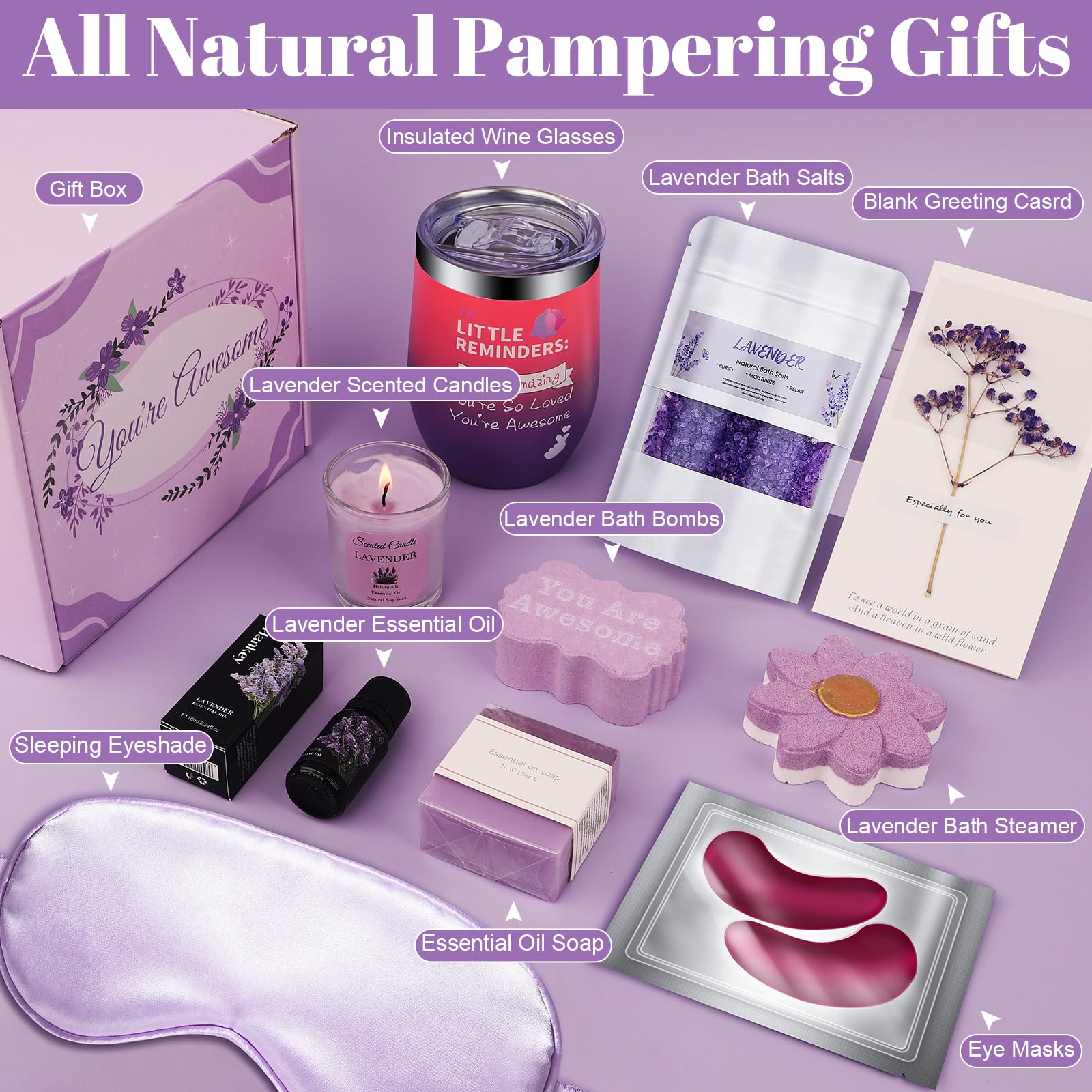 Lavender Pamper Gifts for Women, Gifts for Women Birthday Unique, Bath Sets Relaxation Spa, Get Well Soon, Self Care Package for Her Ideas for Siste, Ladies, Friend, Mothers Day