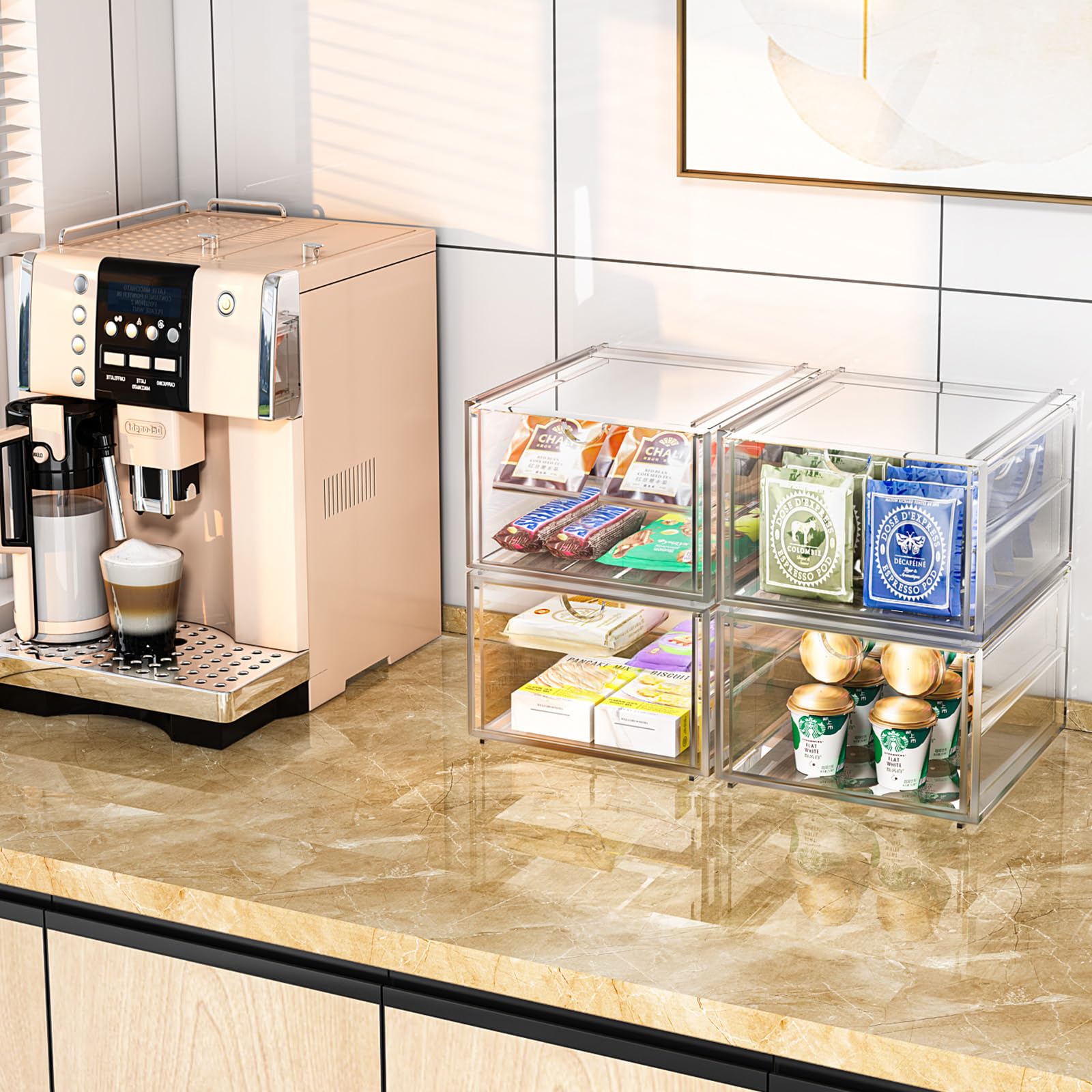 4 Pack Stackable Storage Drawers, Acrylic Cosmetic Drawer, Clear Desk Accessories, Latest Model Dustproof Drawer Storage for Dresser, Bathroom