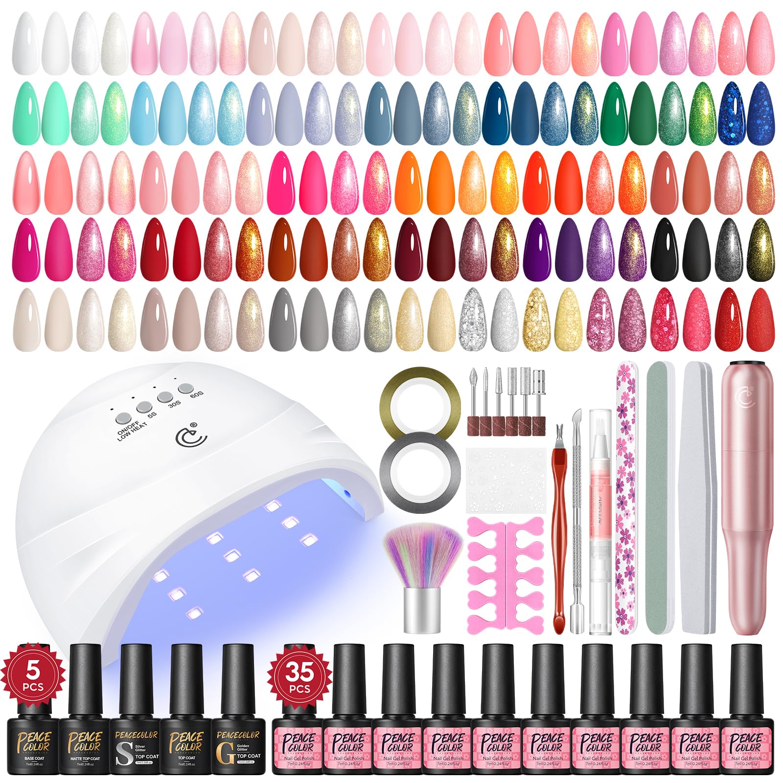 PEACECOLOR Gel Nail Kit with Lamp and Electric Nail File, 53 Pcs Gel Nail Polish Set Starter Kit 35 Colours Red Pink Blue Glossy Matte and Glitter Top Coat Manicure DIY Home Gifts for Women