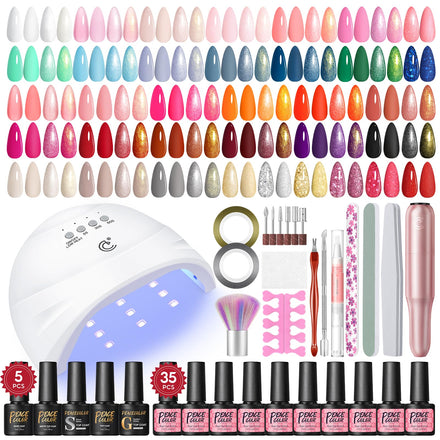 PEACECOLOR Gel Nail Kit with Lamp and Electric Nail File, 53 Pcs Gel Nail Polish Set Starter Kit 35 Colours Red Pink Blue Glossy Matte and Glitter Top Coat Manicure DIY Home Gifts for Women