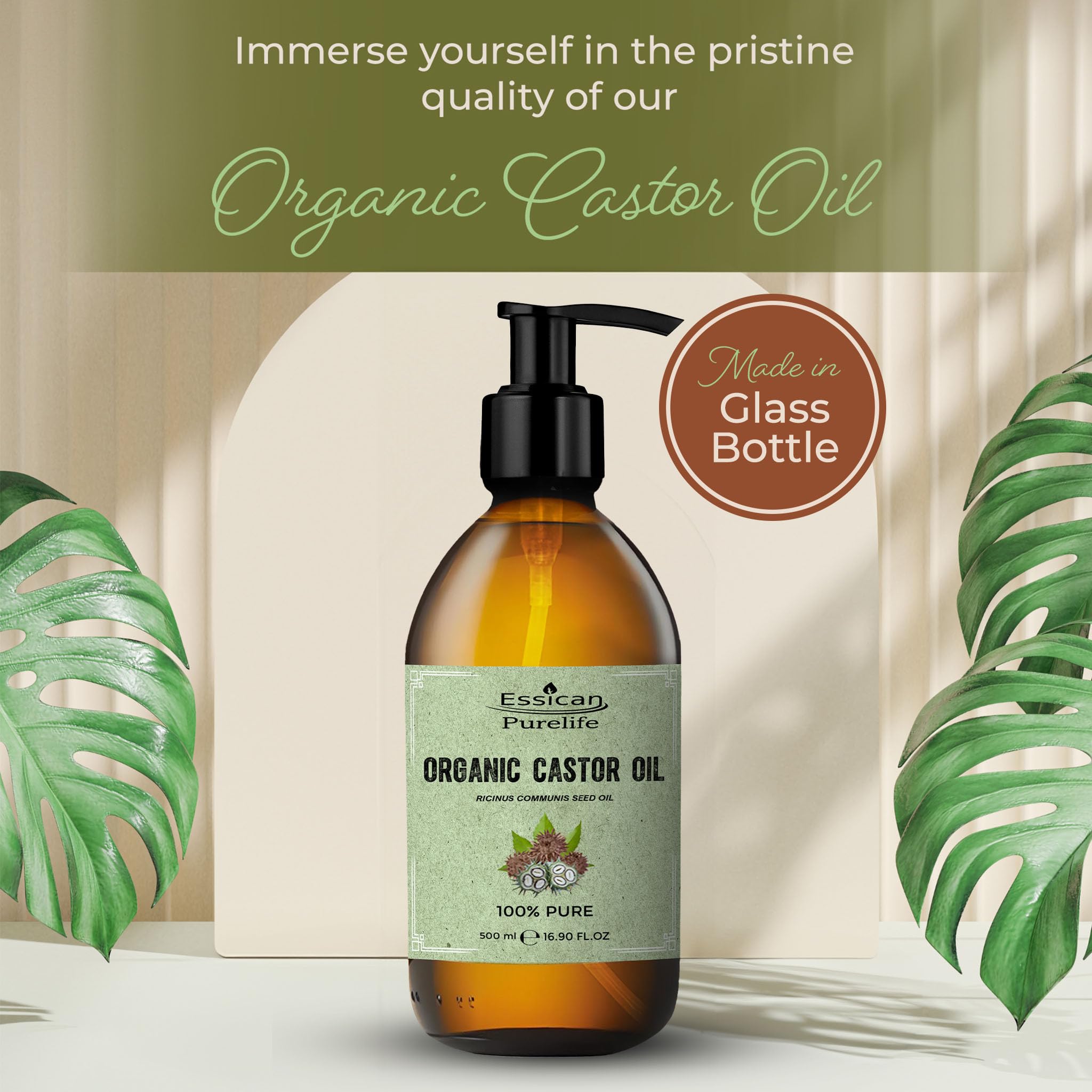 Organic Castor Oil 500ml Glass Bottle with Pumps for Hair Care