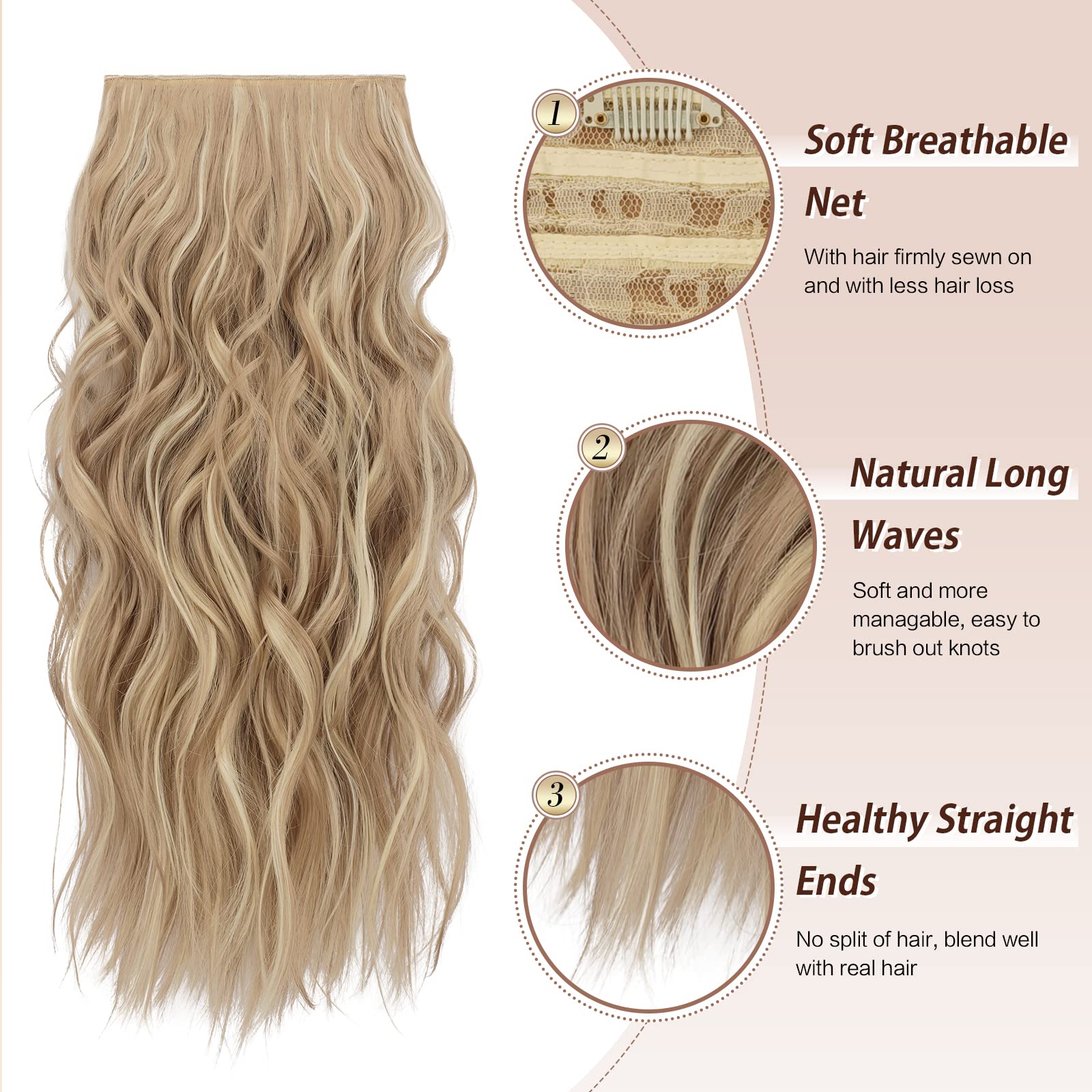 FESHFEN Clip in Hair Extensions 4PCS Dirty Blonde Thick Hair Piece Long Wavy Clip in Extensions Highlighted Full Head Synthetic Fiber Hairpieces for Women, 20 Inch 180g