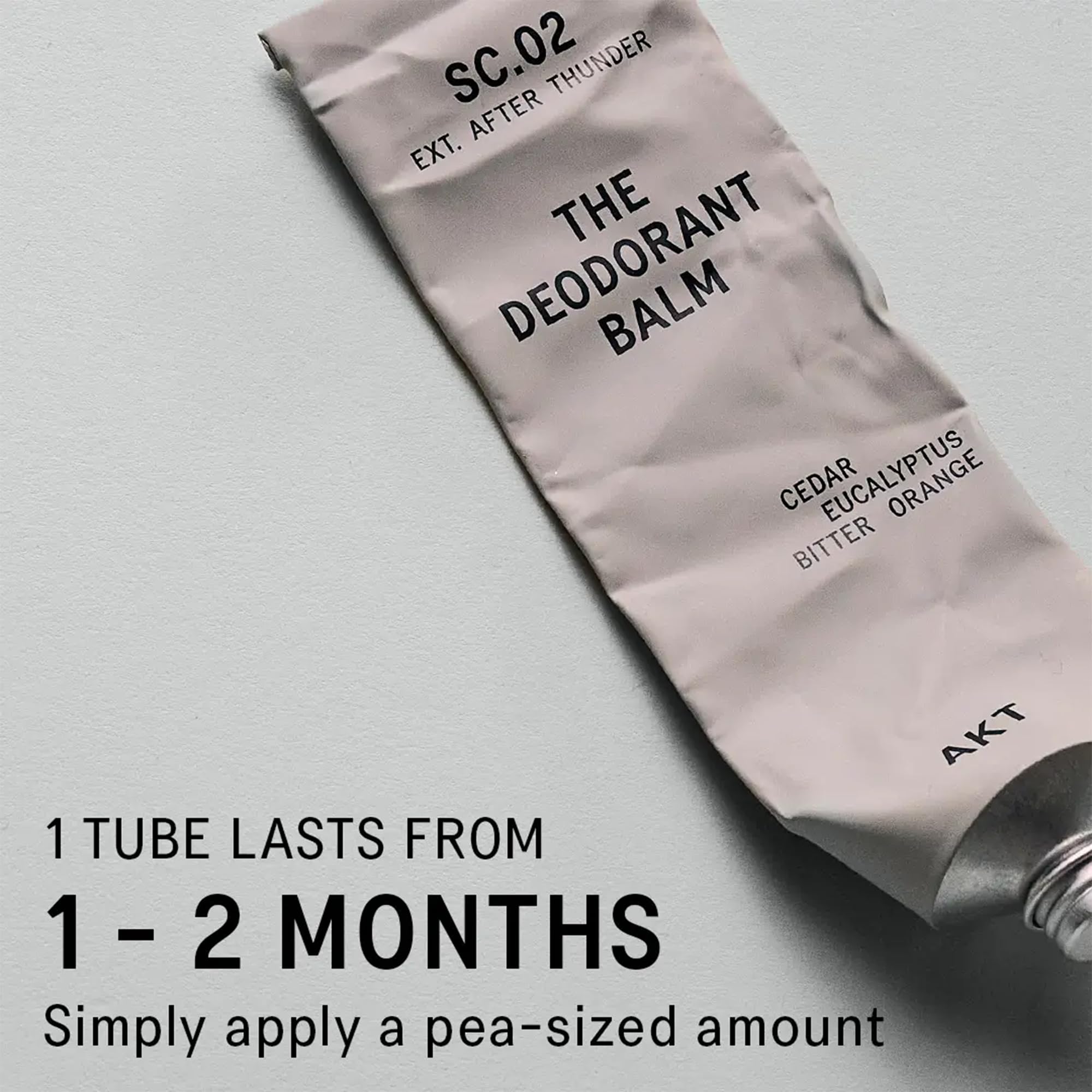 AKT, THE DEODORANT BALM. Award winning, multi-use, natural deodorant. Plastic Free. Gender Free. Aluminium Free. 100% effective — 1 tube lasts up to 3 months. SC.02 AFTER THUNDER. 50ml