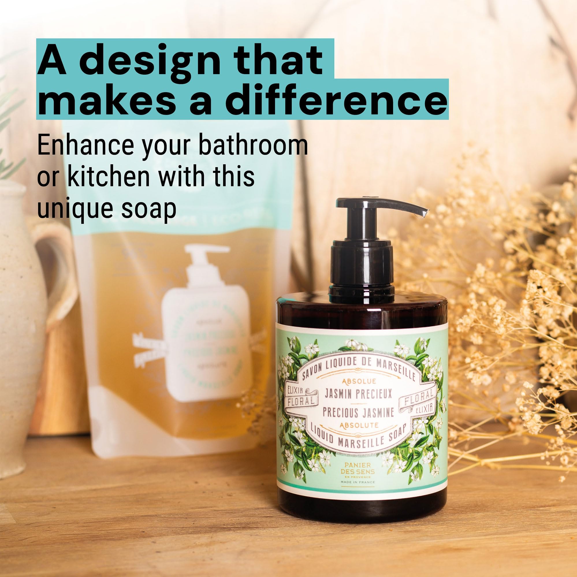 Panier des Sens - Liquid Hand Soap – Jasmine Soothing HandWash – With Olive - Savon de Marseille Made in France - Organic Hand Wash 96% Natural Ingredients - Vegan Soap 500ml
