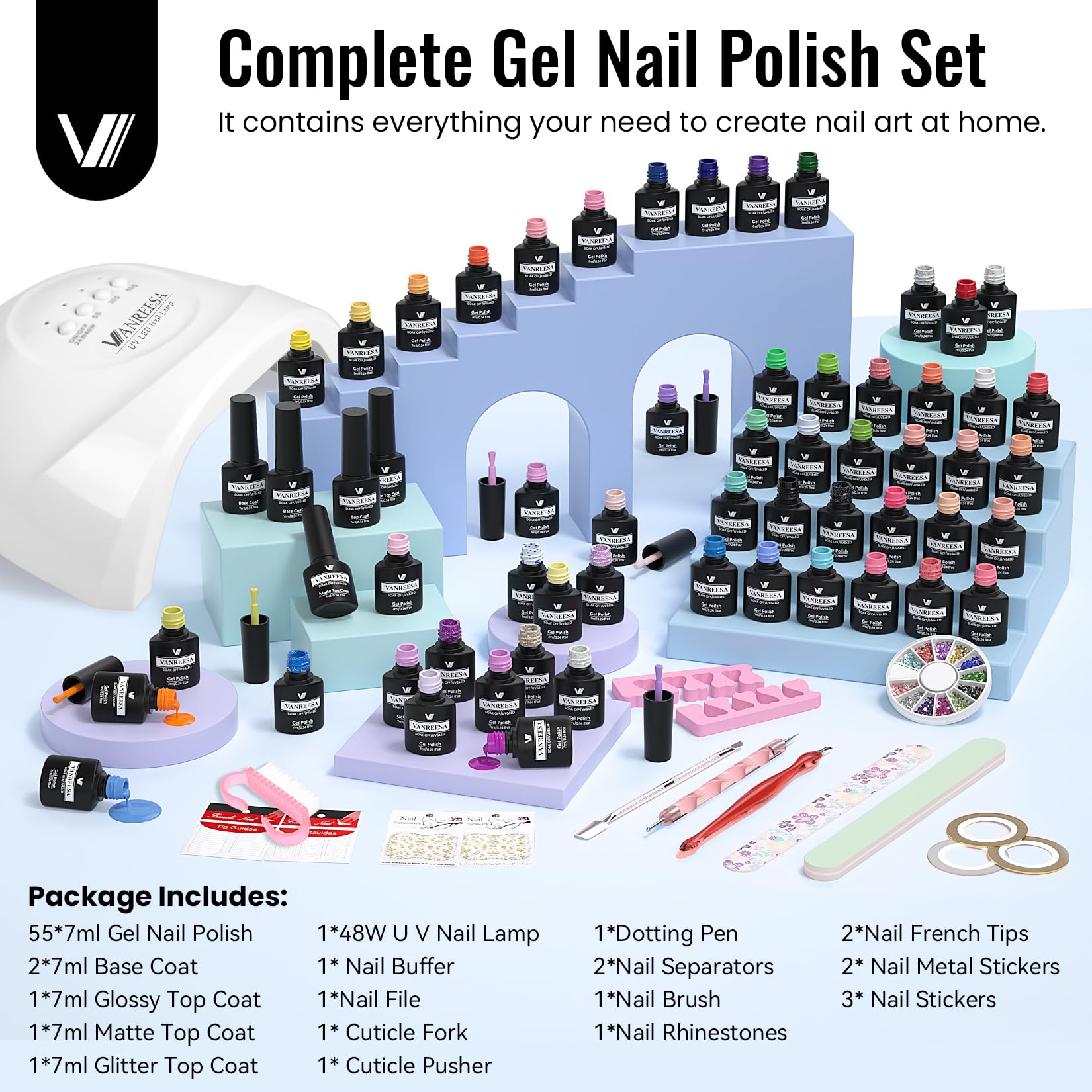 VANREESA Gel Nail Polish Set, 77 PCS Gel Nail Kit with 48W U V Lamp Spring Summer Colours White Pink Purple Blue Green U V Nail Polish Set with Manicure Tools Gifts for Women