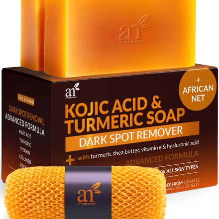 Kojic Acid Soap + African Net Sponge (2 pack X 142g Turmeric bars) Dark spot remover, Hyperpigmentation & Scars - Original Japanese Complex Vitamin C, Hyaluronic Acid, retinol, shea butter (Citrus)