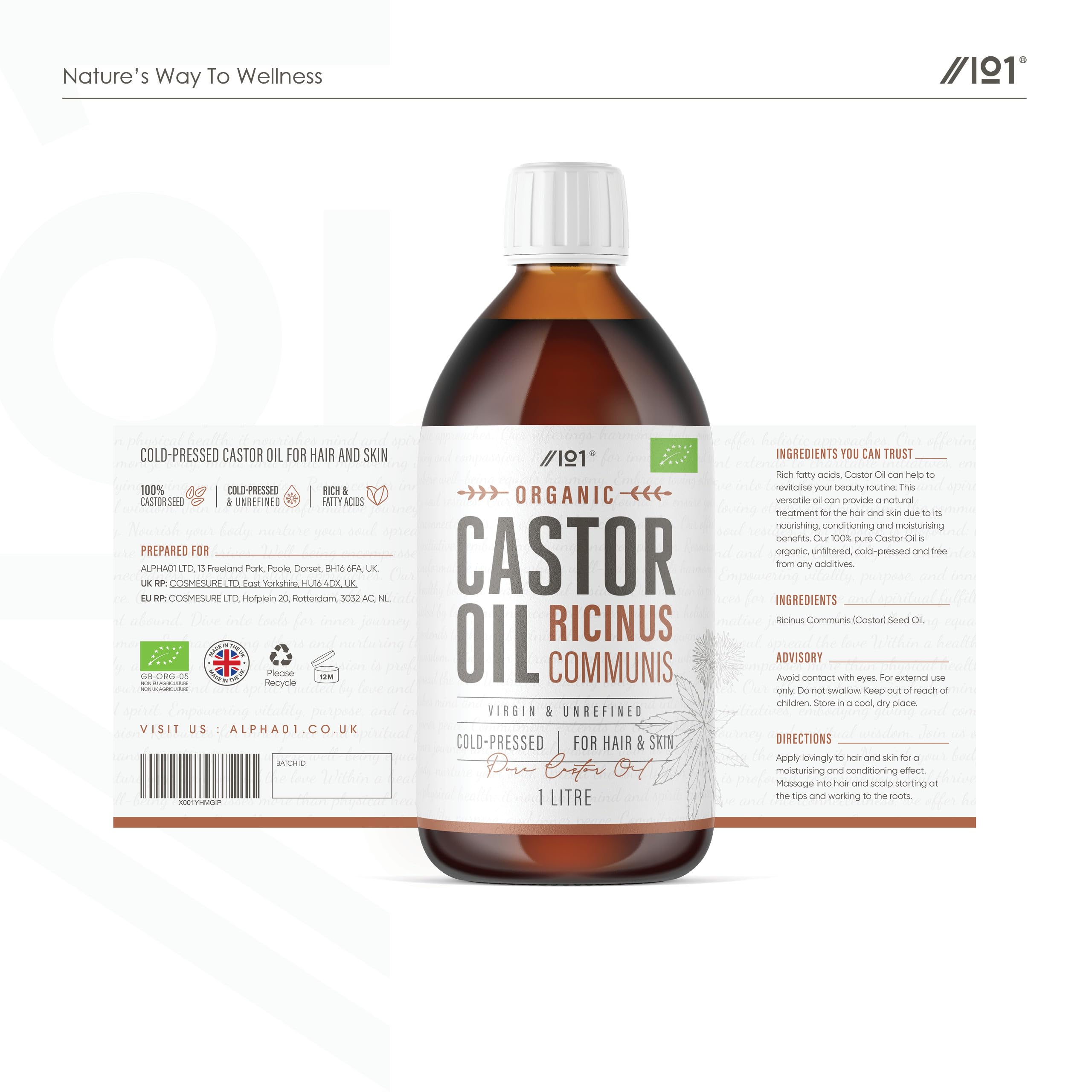 Organic Castor Oil 1 Litre – 100% Unrefind & Cold Pressed – Hexane Free (PET Bottle) – for Skin & Hair – Sustainably Sourced – By Alpha01