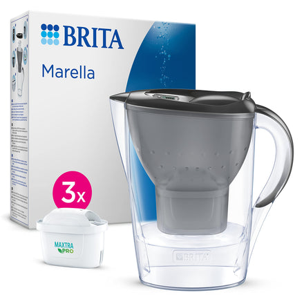 BRITA Jarra filtrante Marella Grafito (2,4L) incluye 3 cartuchos de filtro MAXTRA PRO All-in-1 - Reduce el sarro, el cloro, algunas impurezas y algunos metales