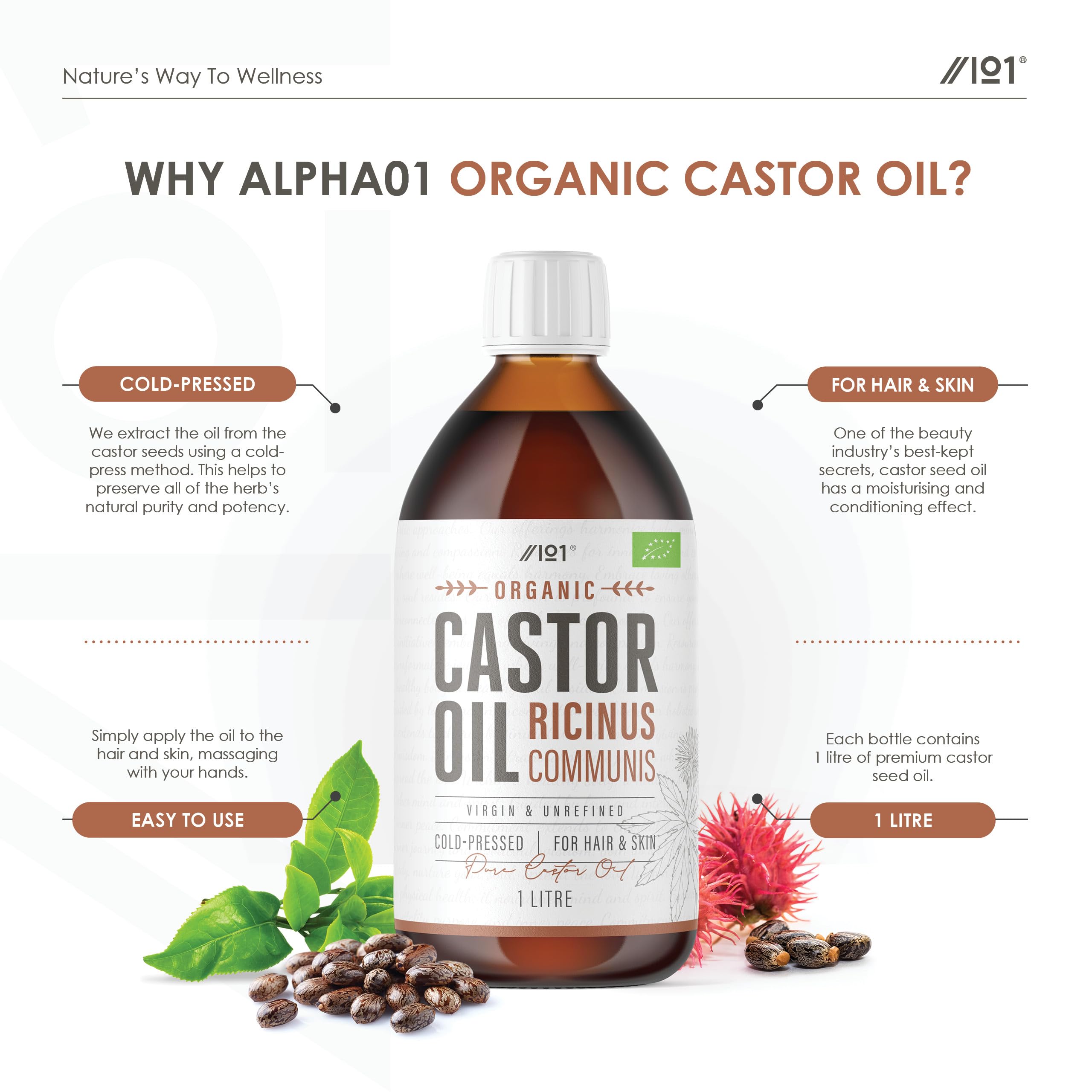 Organic Castor Oil 1 Litre – 100% Unrefind & Cold Pressed – Hexane Free (PET Bottle) – for Skin & Hair – Sustainably Sourced – By Alpha01