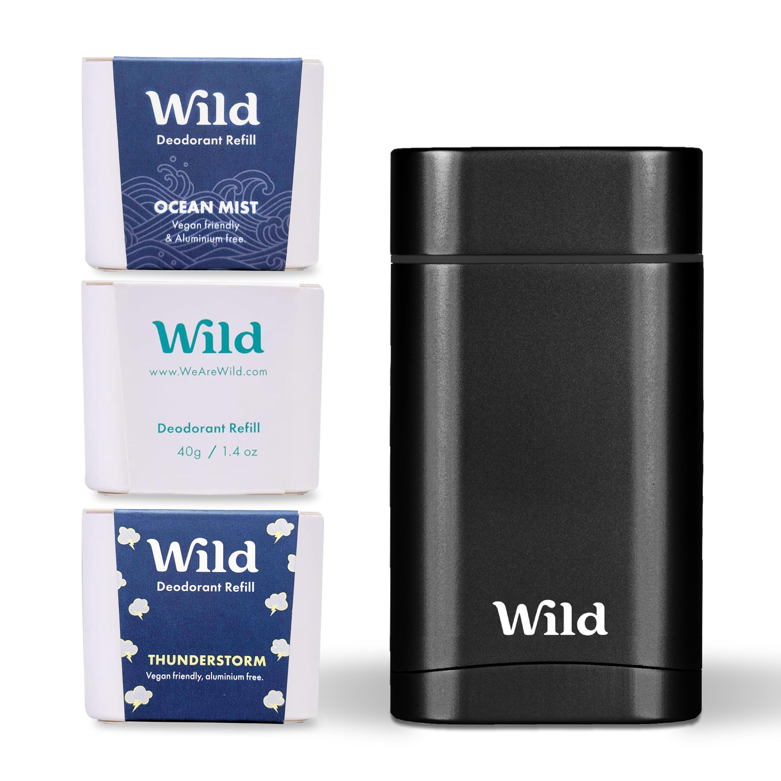 Wild - Refillable Deodorant Starter Kit - Black Case with Fresh Cotton & Sea Salt, Ocean Mist & Thunderstorm Scents - Long Lasting Protection - Aluminum Free - Vegan