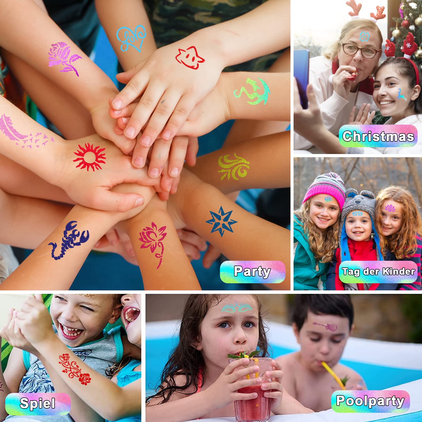 Glitter Tattoos for Kids, Girls Temporary Tattoo Kit, 41 Colours Glitter 215 Rhinestones 204 Stencils 3 Glue 5 Brushes Waterproof Tattoos, Festival Body Make Up for Girls & Adults, Birthday, Party
